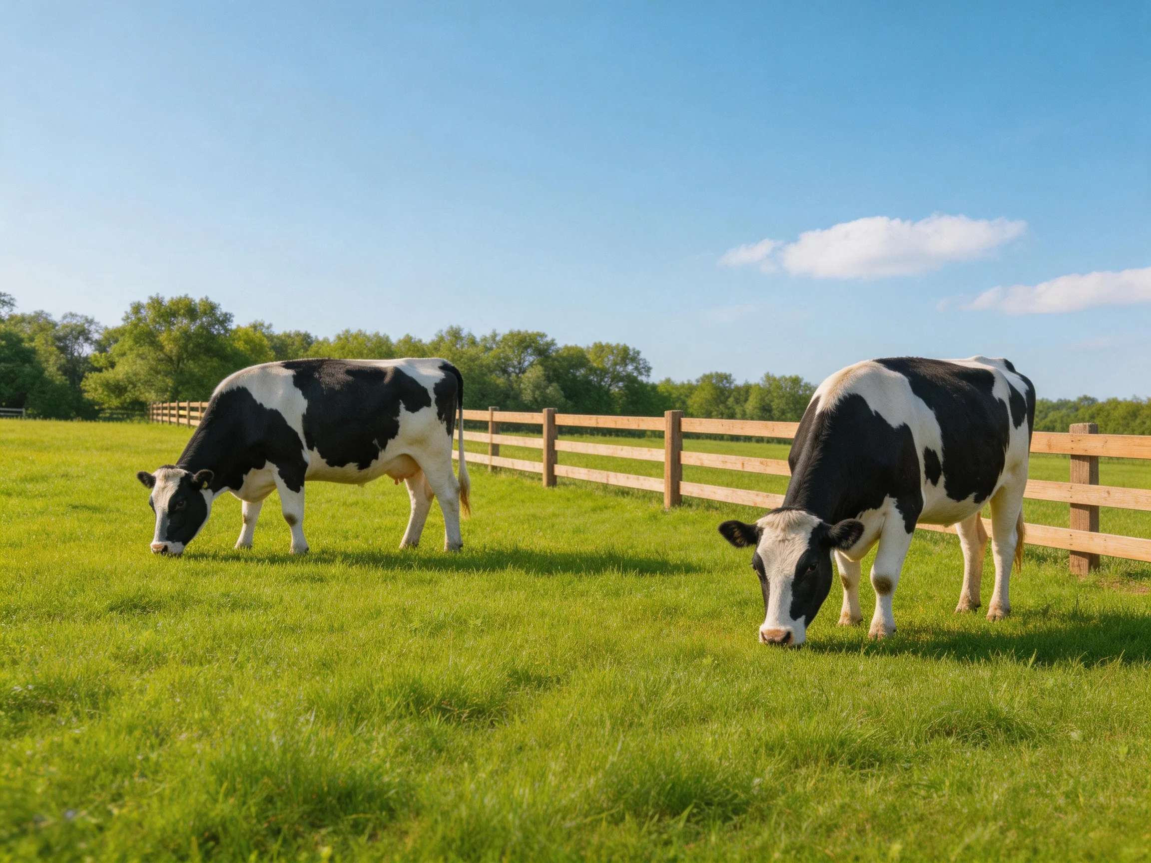 Two black-and-white cows graze in a sunny pasture with a wooden fence.