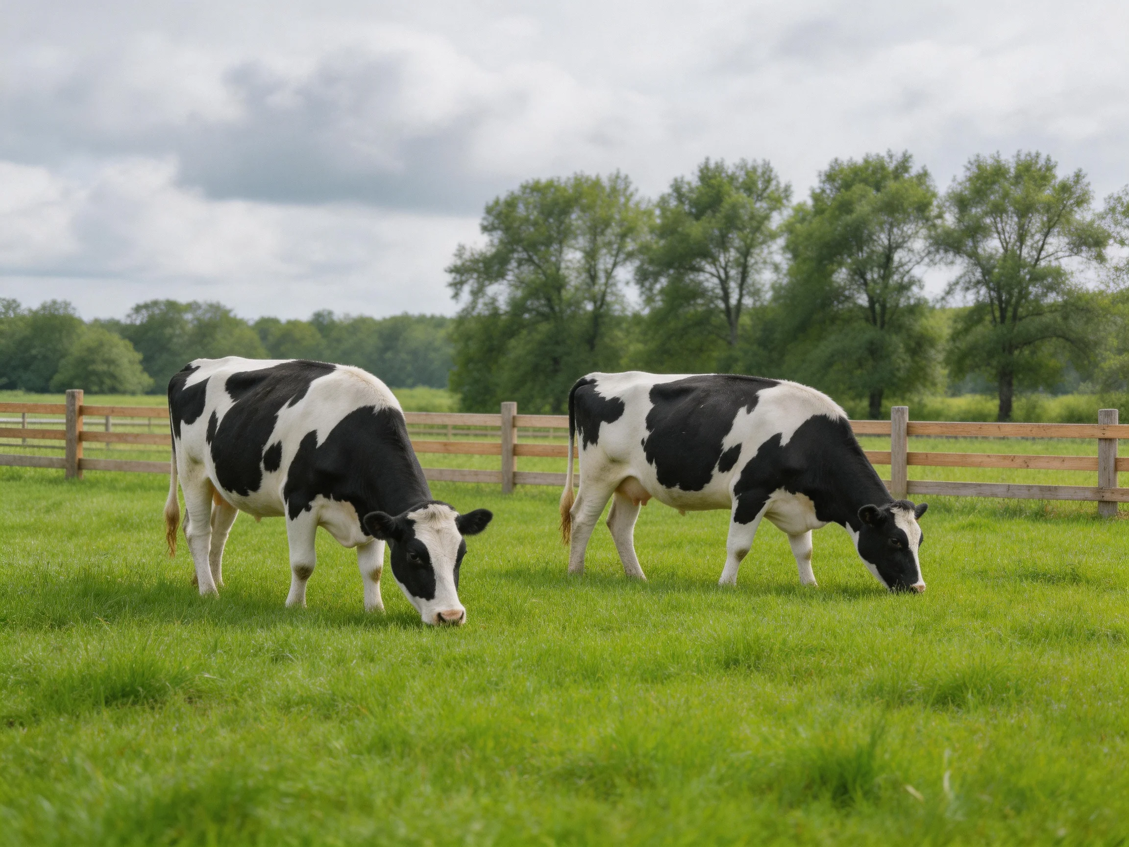 Two black - and - white cows graze in a lush green pasture near a wooden fence