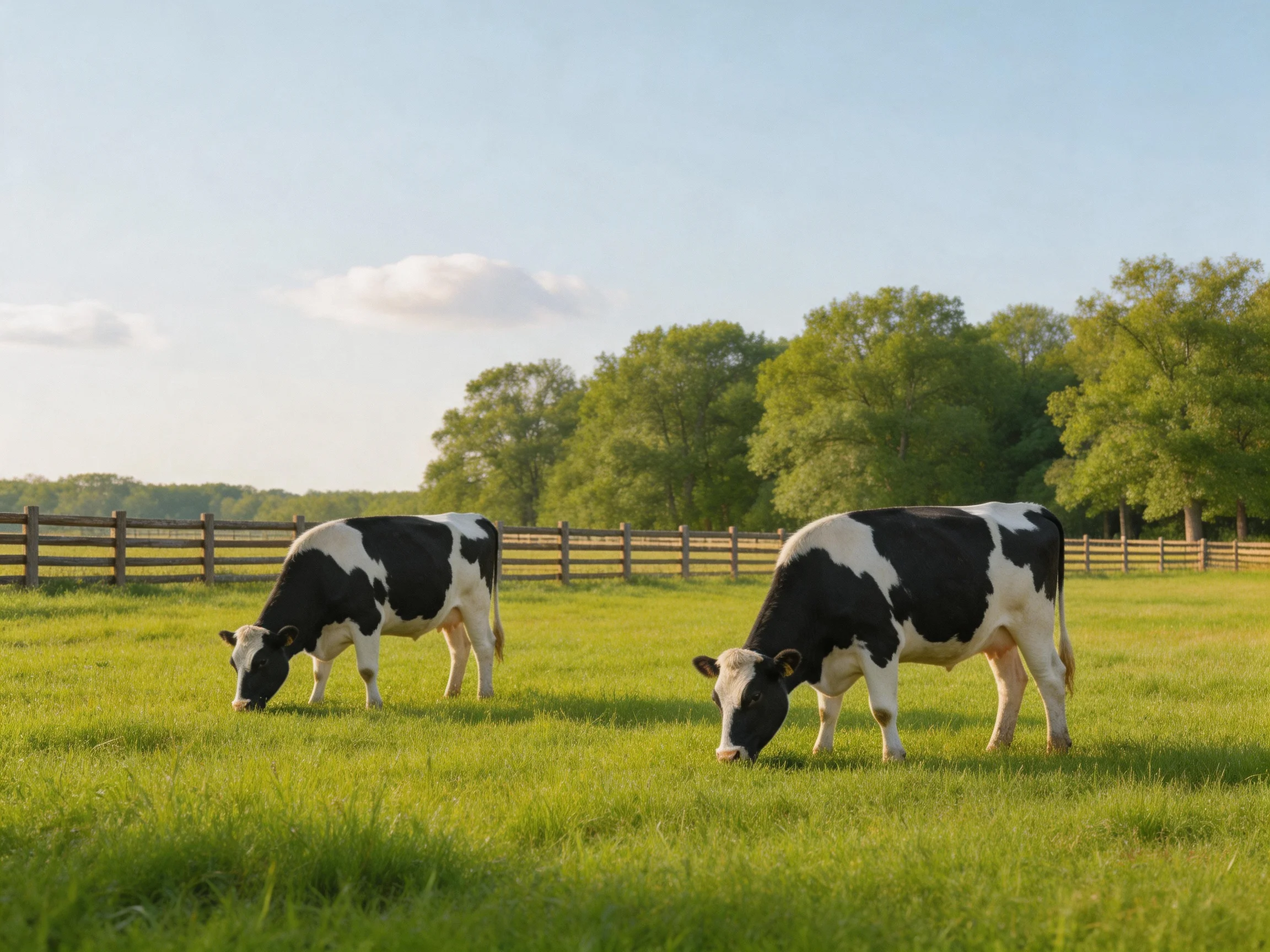 Two black - and - white cows graze in a sunny pasture with a wooden fence and trees.