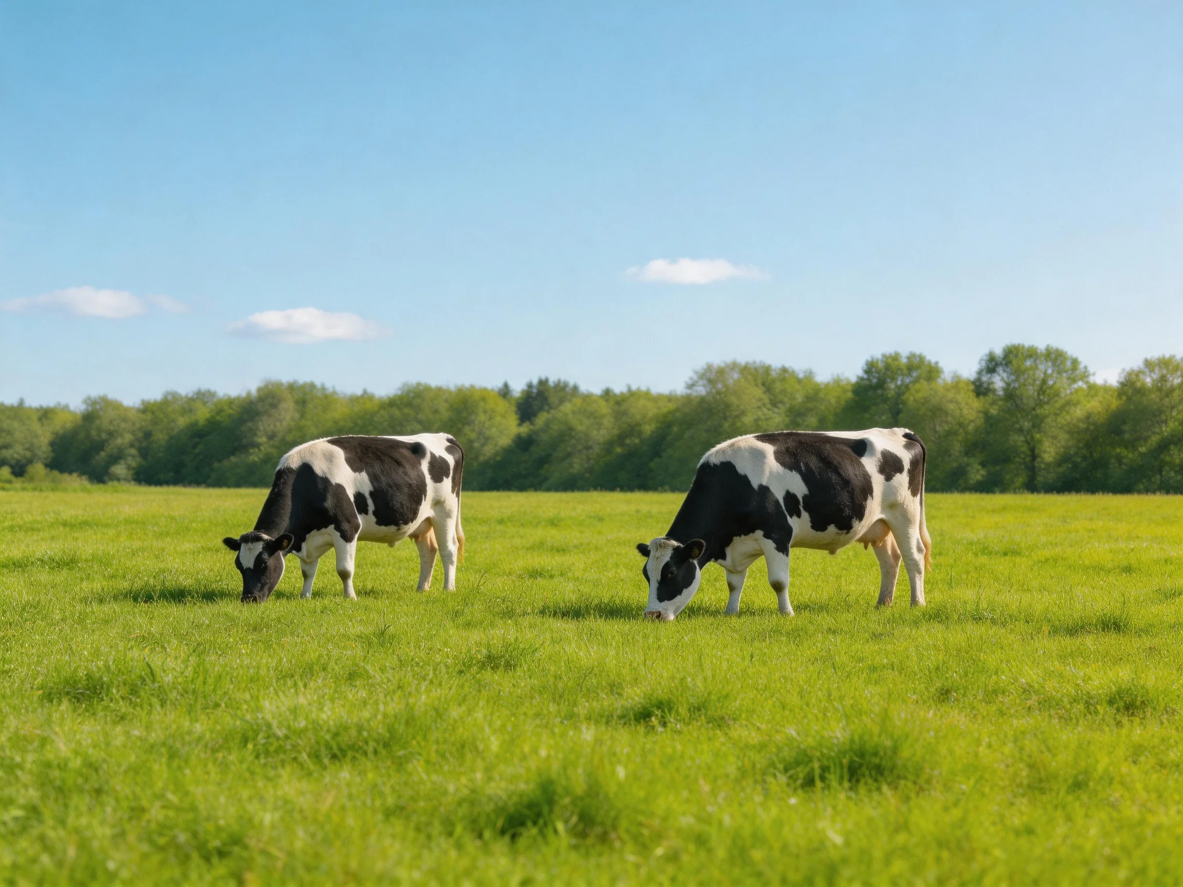 Two black-and-white cows graze in a lush green pasture under a clear blue sky