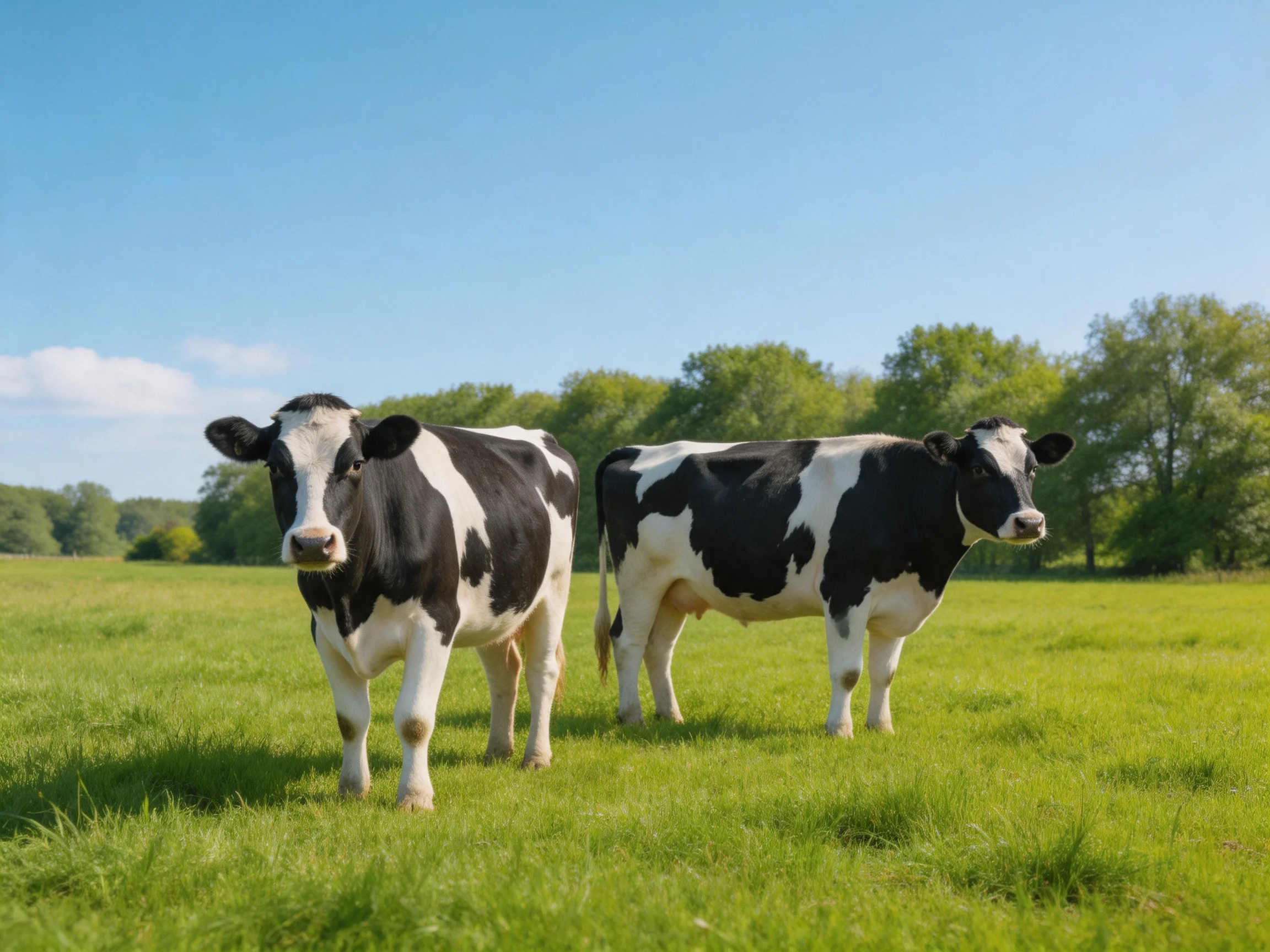 Two black and white cows graze in a lush green pasture under clear blue skies