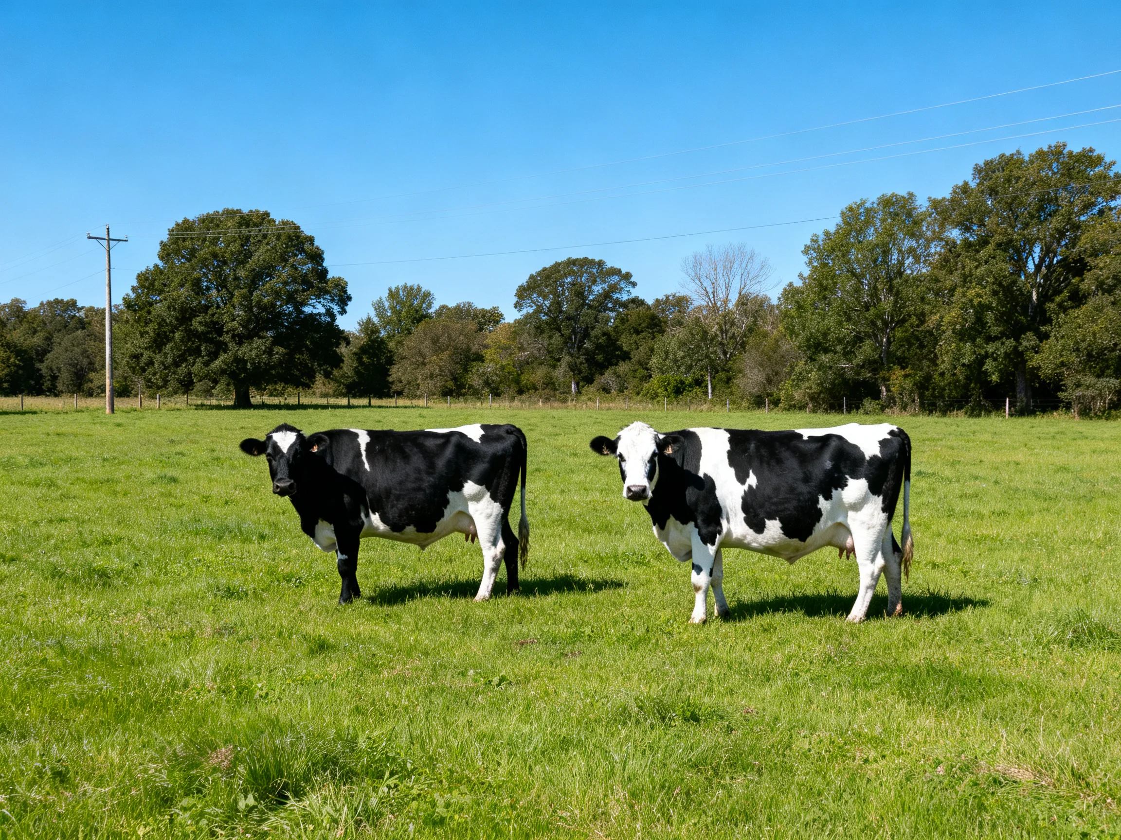 Two black and white cows graze in a lush green pasture under clear blue skies