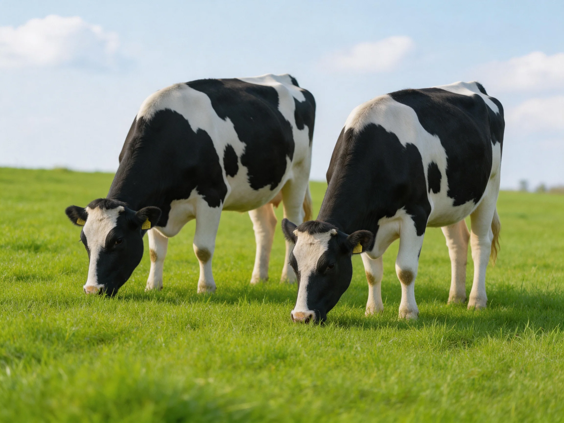Two black and white cows graze in a lush green pasture under clear skies