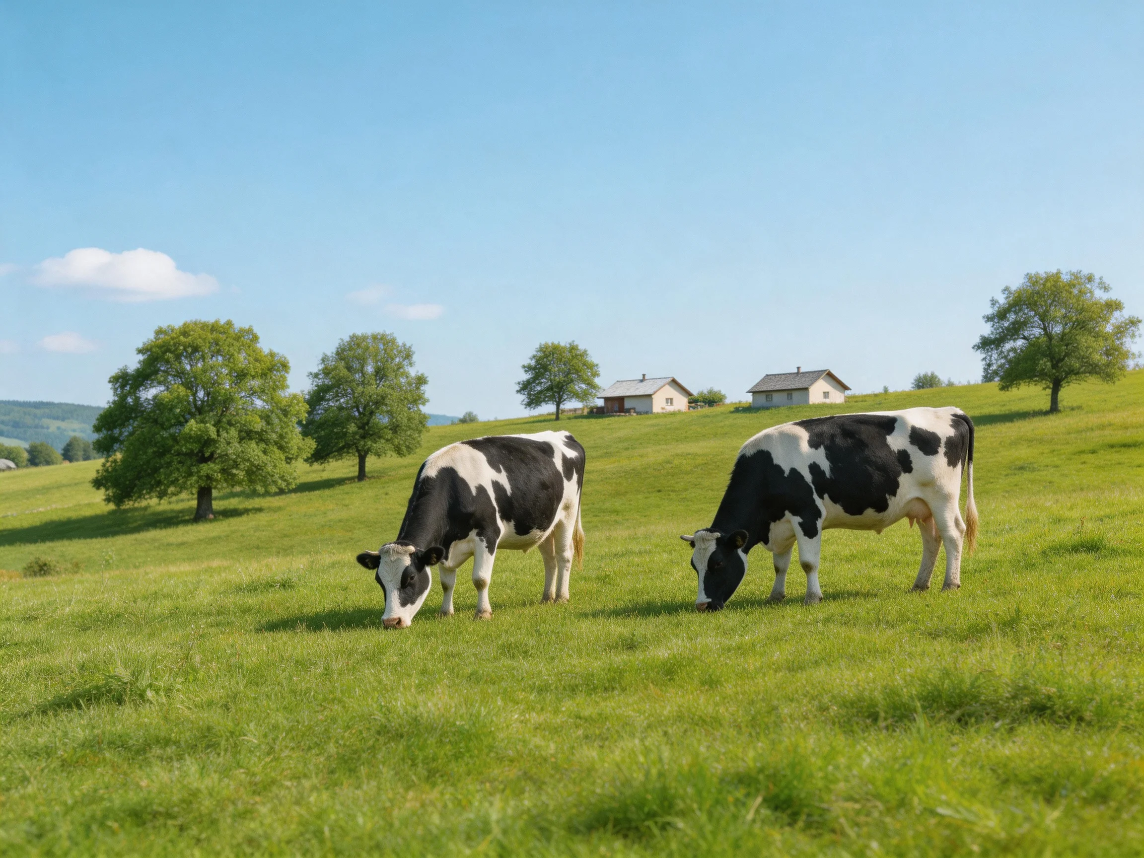 Two black-and-white cows graze in a sunnypasture near trees and farmhouses.