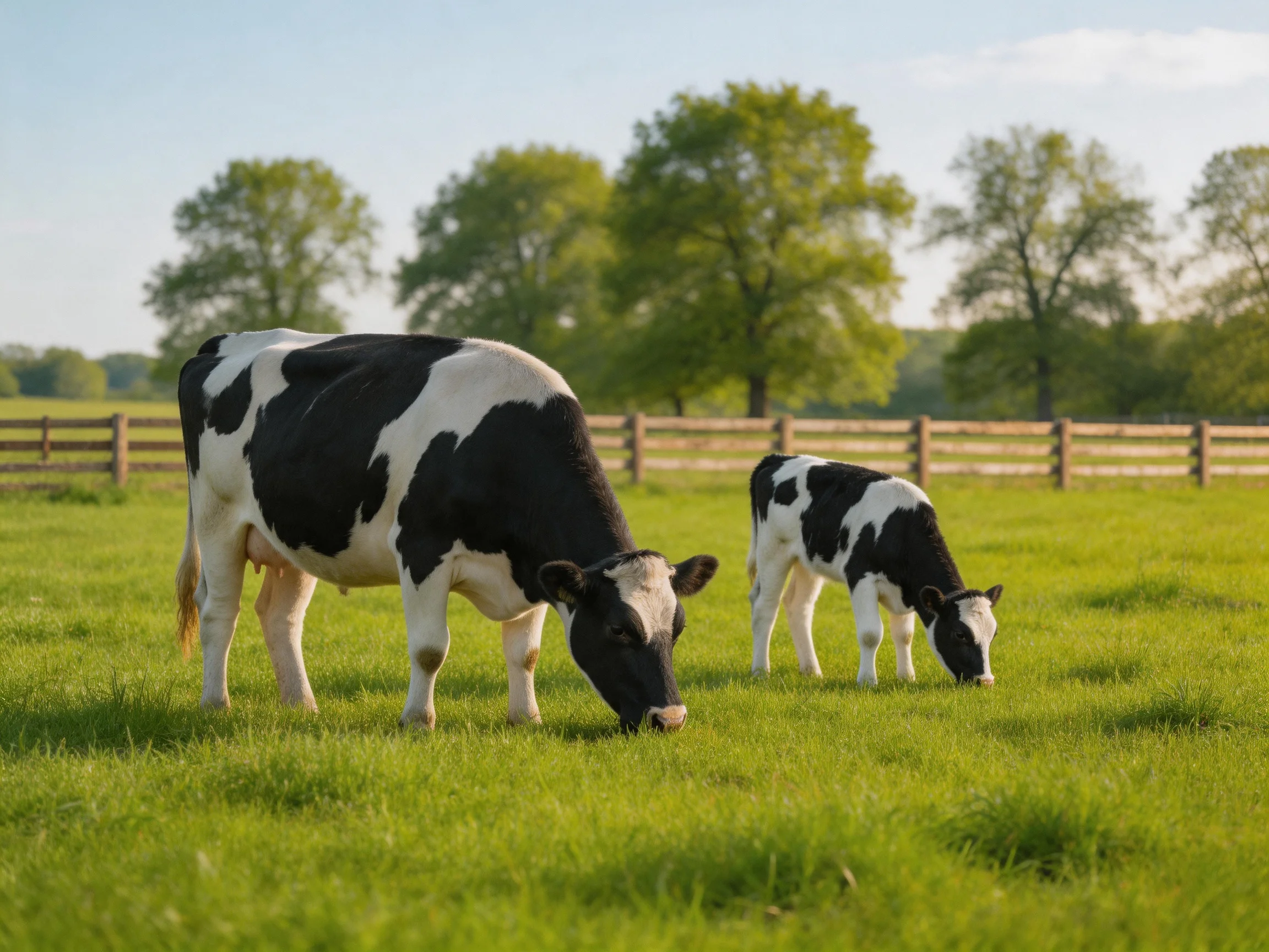 Two black - and - white cows graze in a sunlit green pasture near trees and fences.