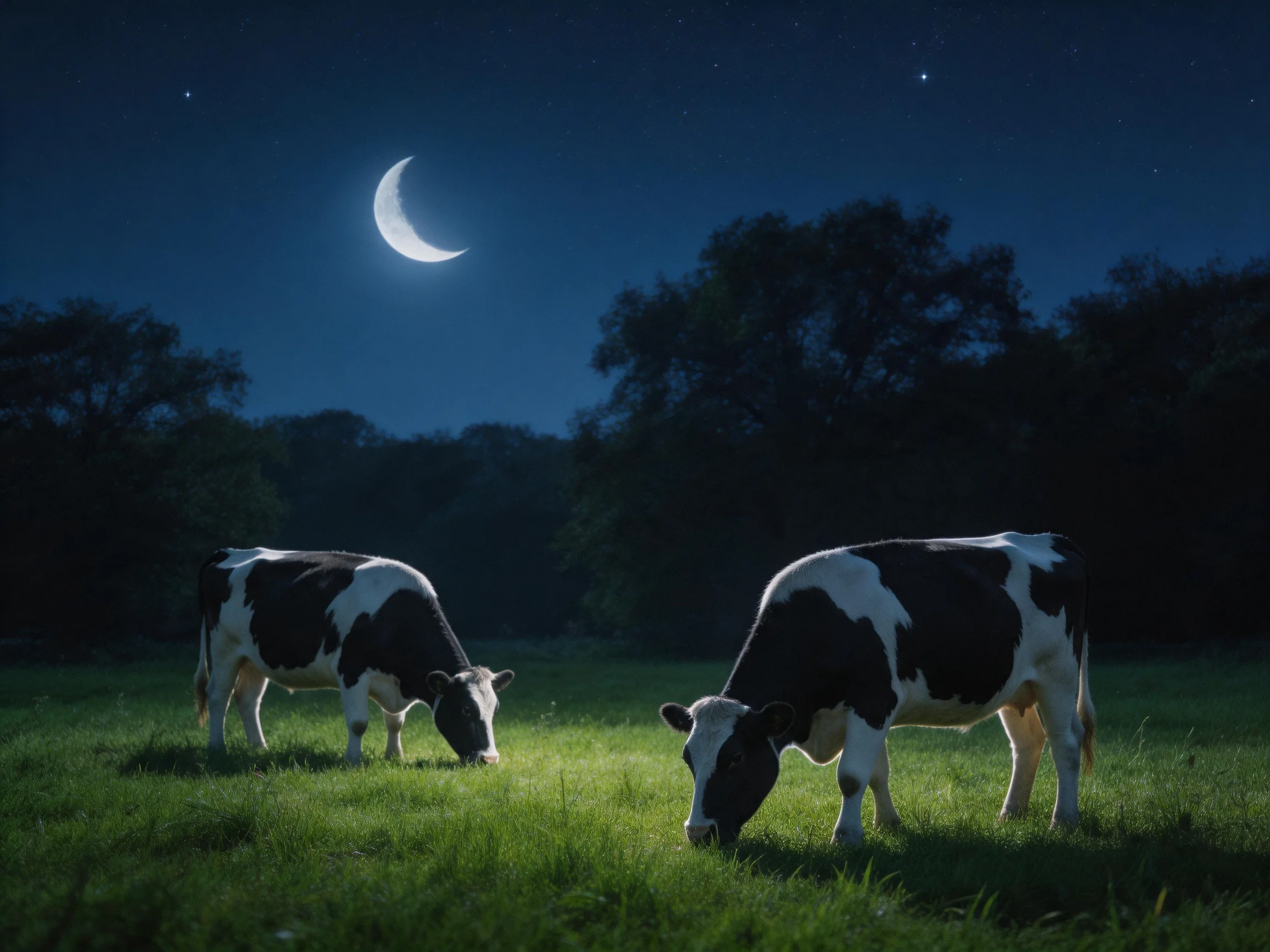 Two black-and-white cows graze in a moonlit pasture beneath a crescent moon