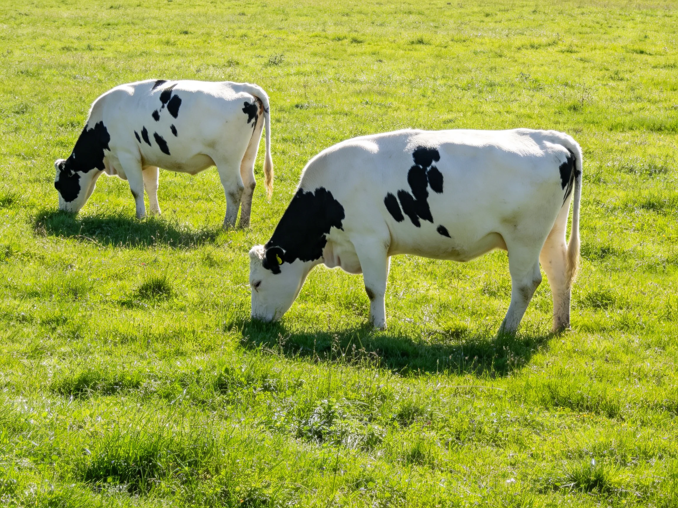 Two black - and - white cows graze in a sunlit green pasture