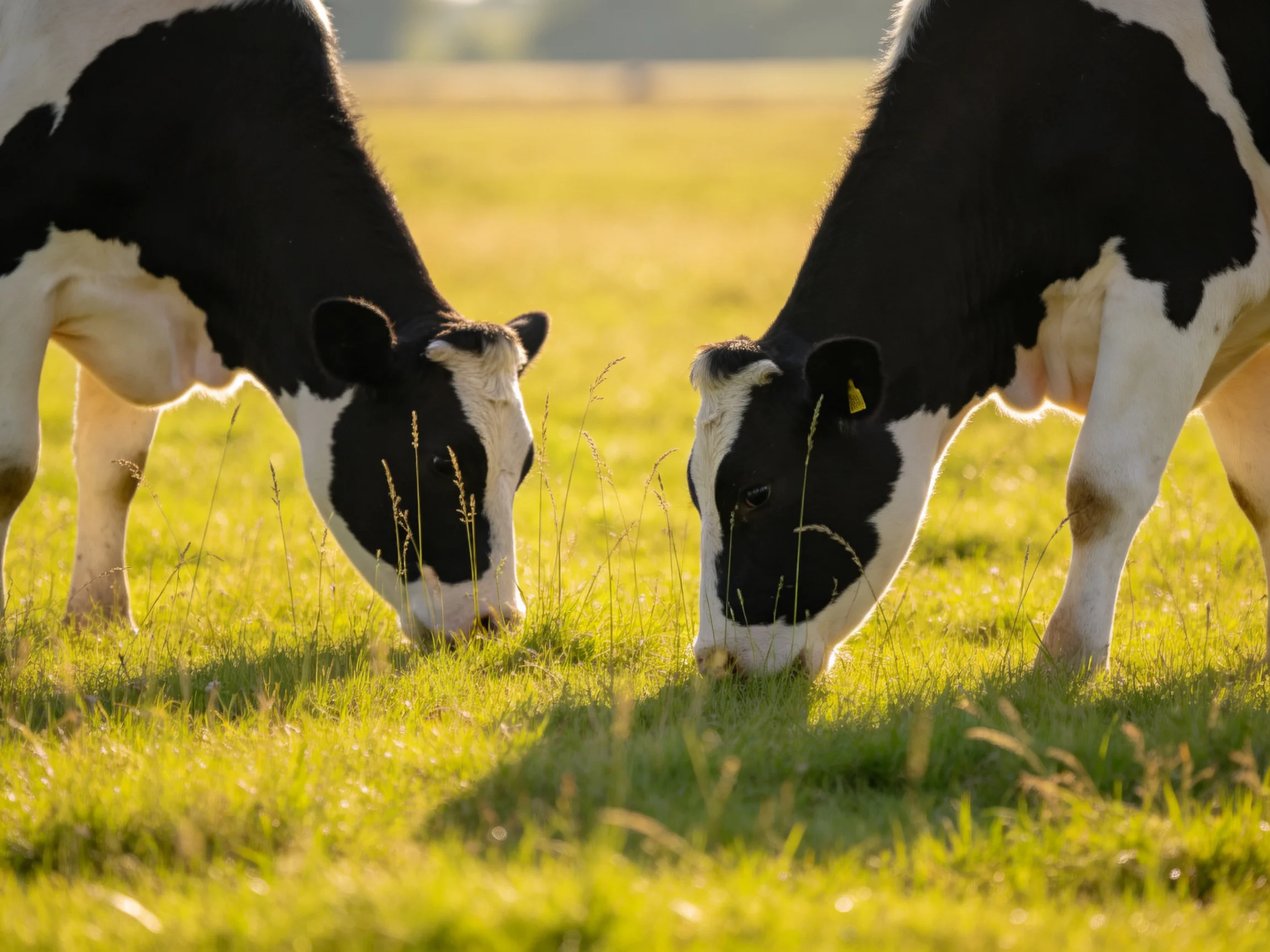 Two black-and-white cows graze together in a sunlit meadow.