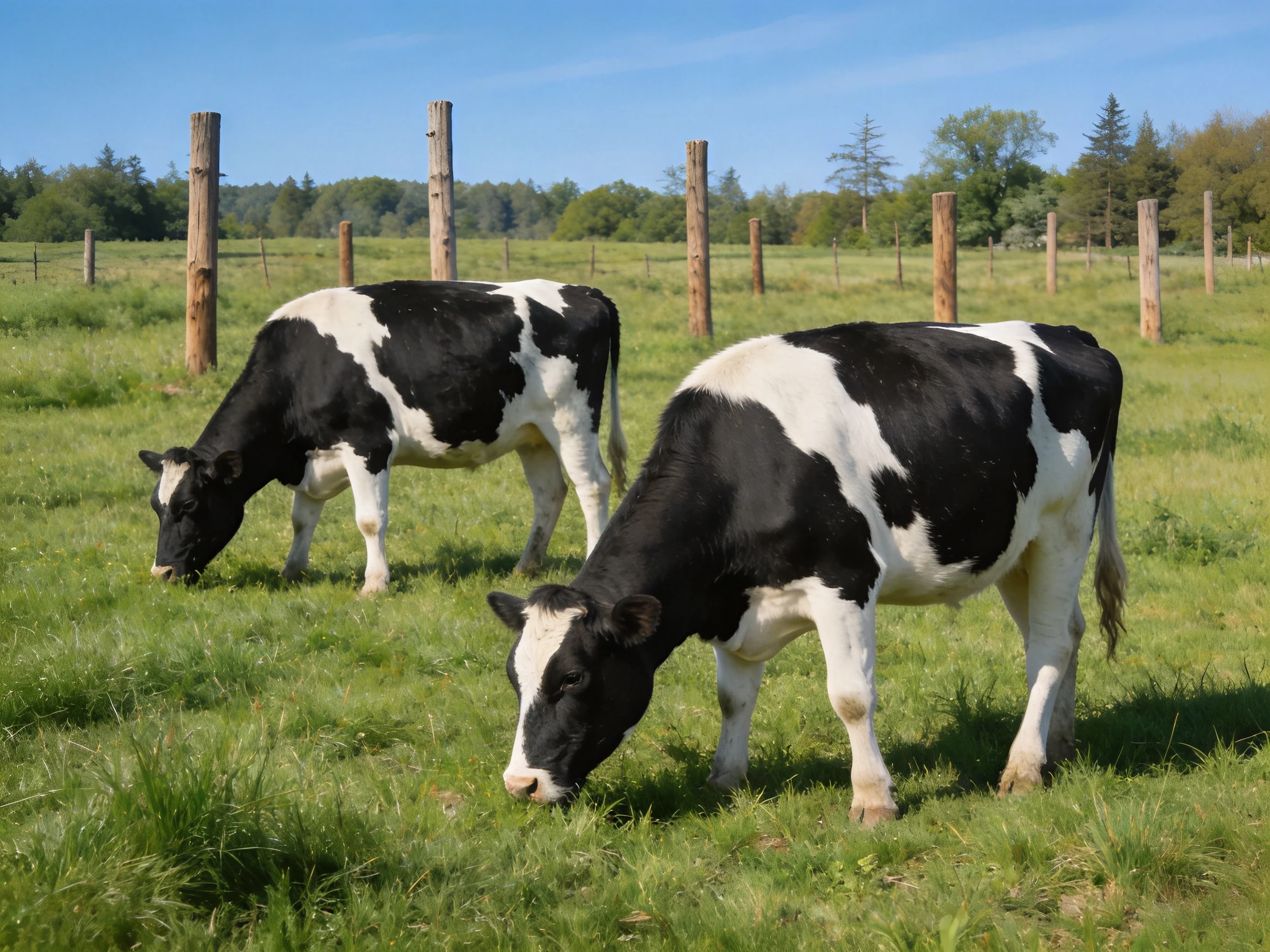 Two black-and-white cows graze in a sunlit pasture with wooden fence posts.