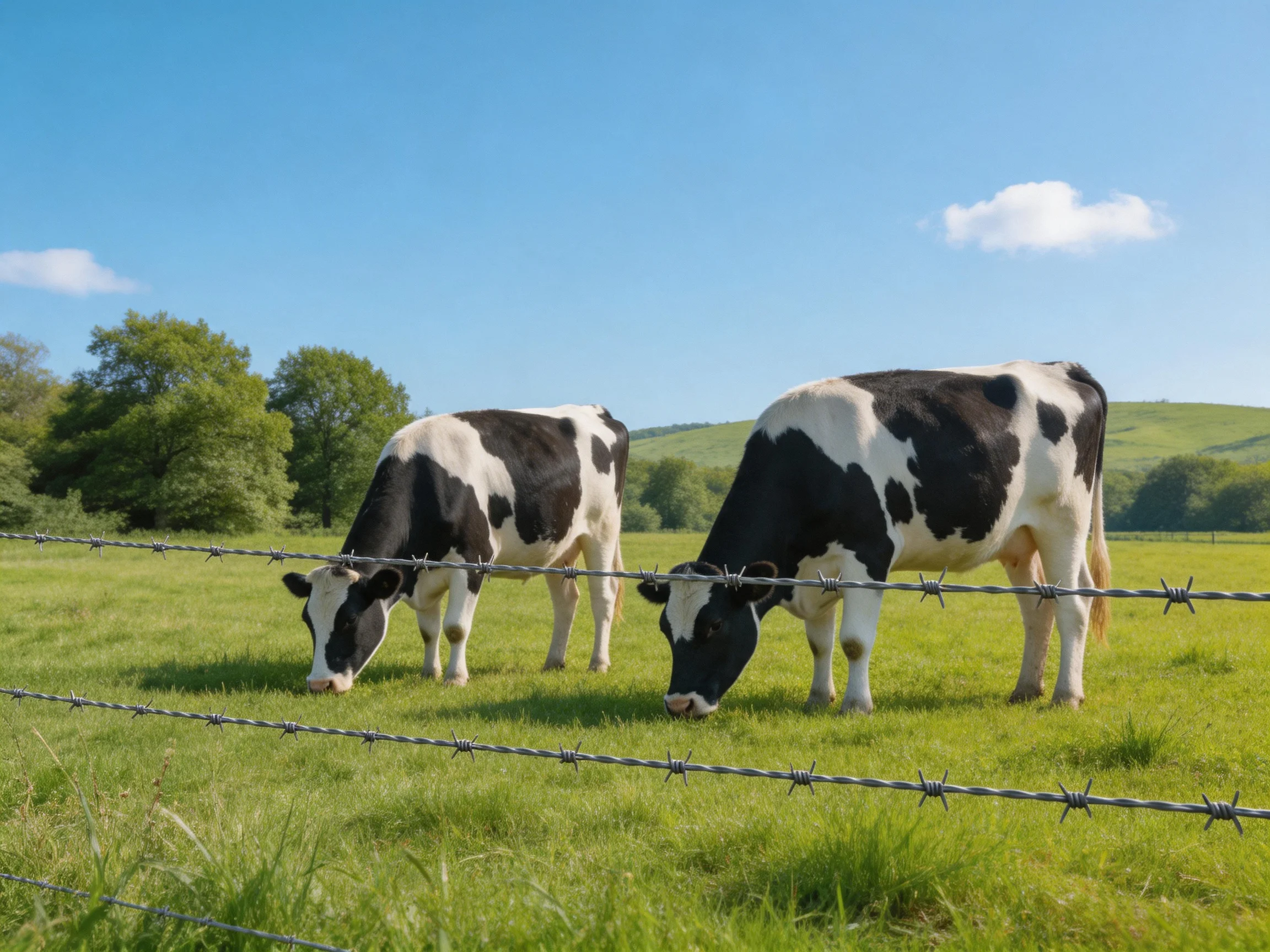 Two black-and-white cows graze near a barbed-wire fence in a lush meadow