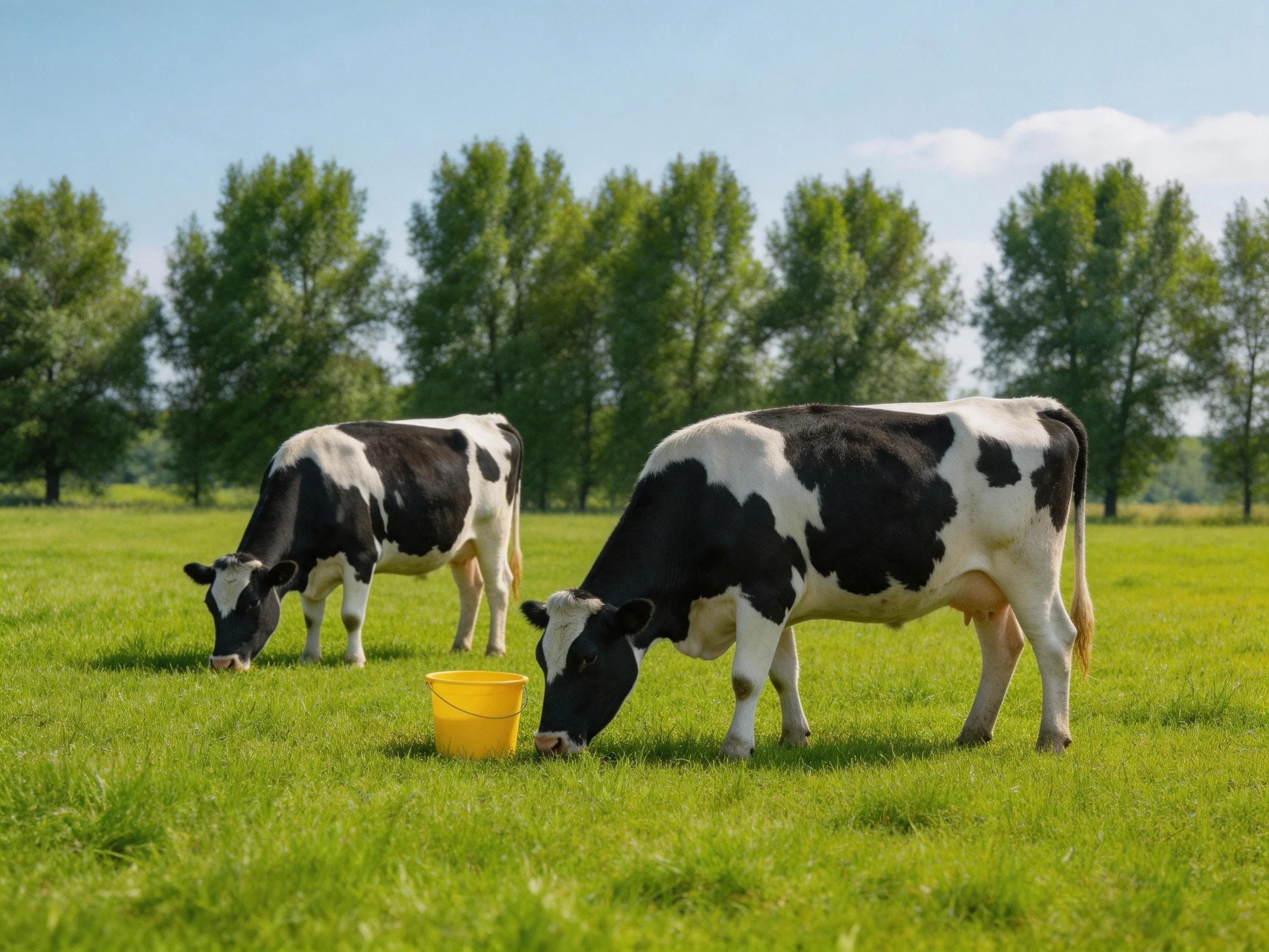 Two black and white cows graze near a bright yellow bucket in a lush green pasture