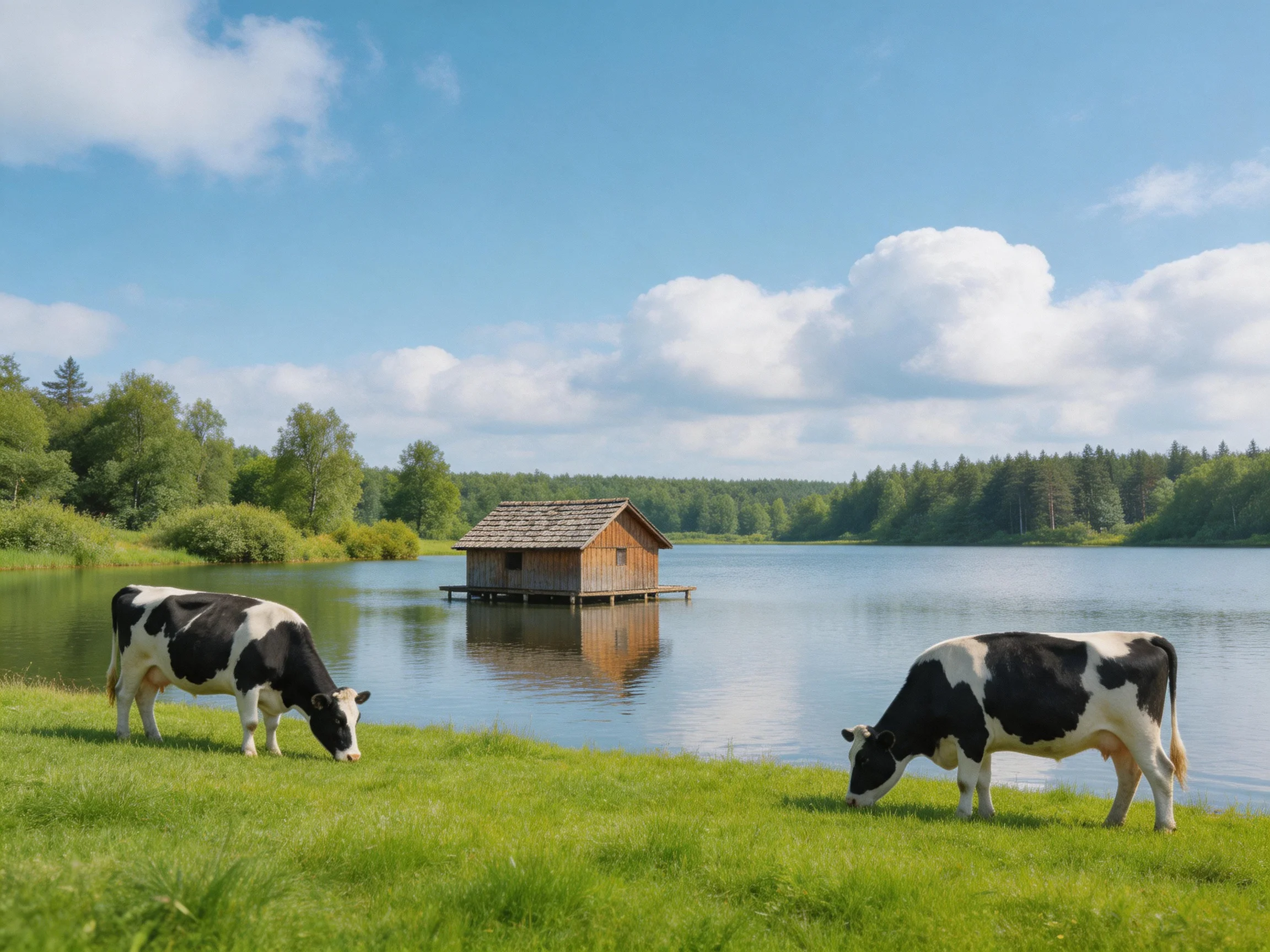 Two cows graze by a calm lake with a wooden boathouse