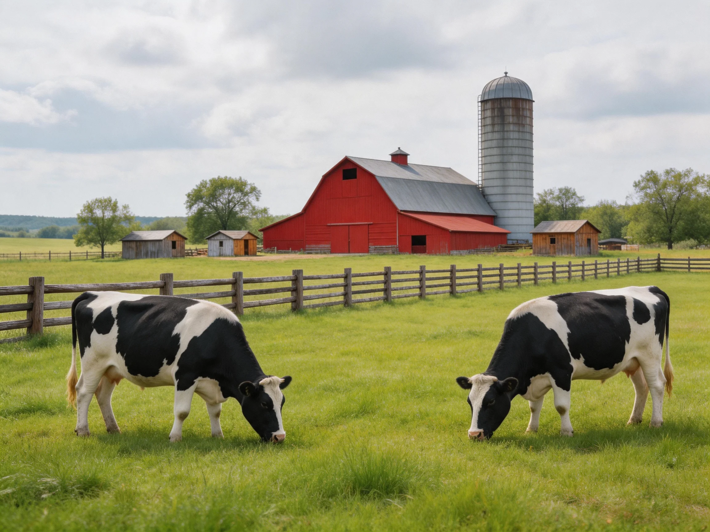 Two black - and - white cows graze in a farm pasture with a red barn
