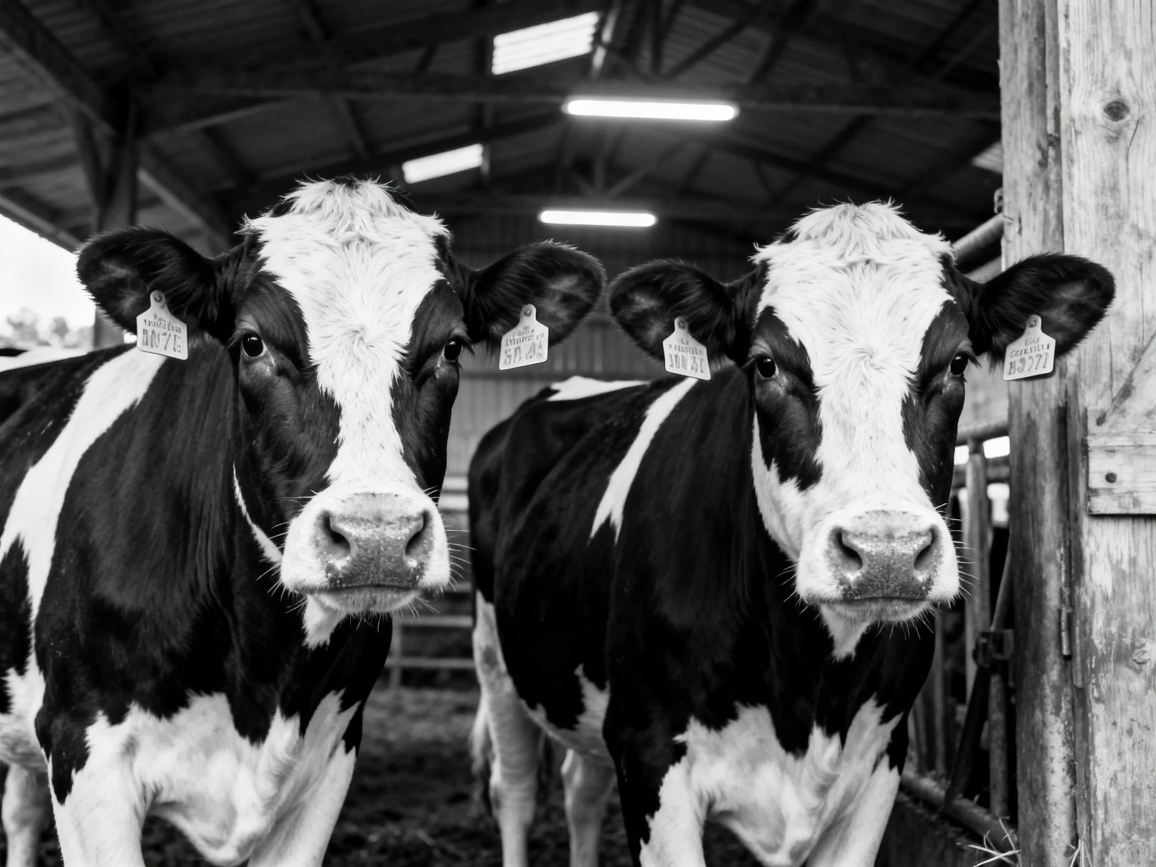 Two black and white cows in a barn interior