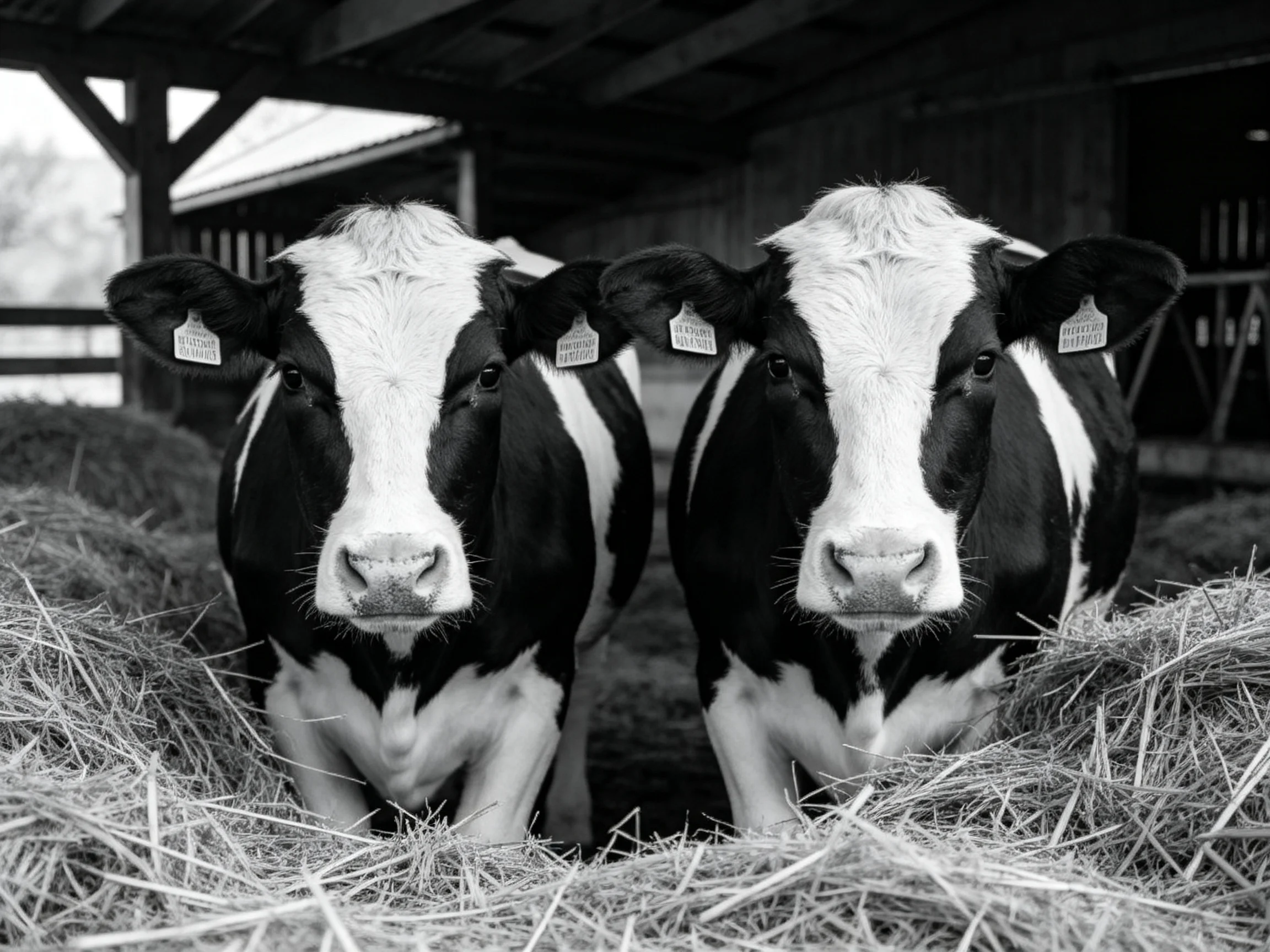 Two black and white cows in a barn with hay