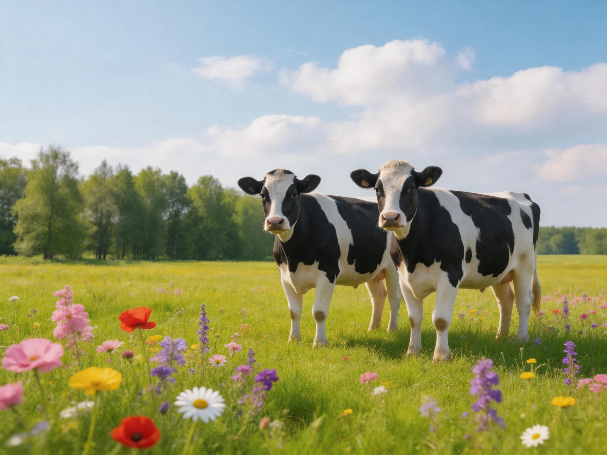Two black-and-white cows stand amid colorful wildflowers in a sunny meadow.