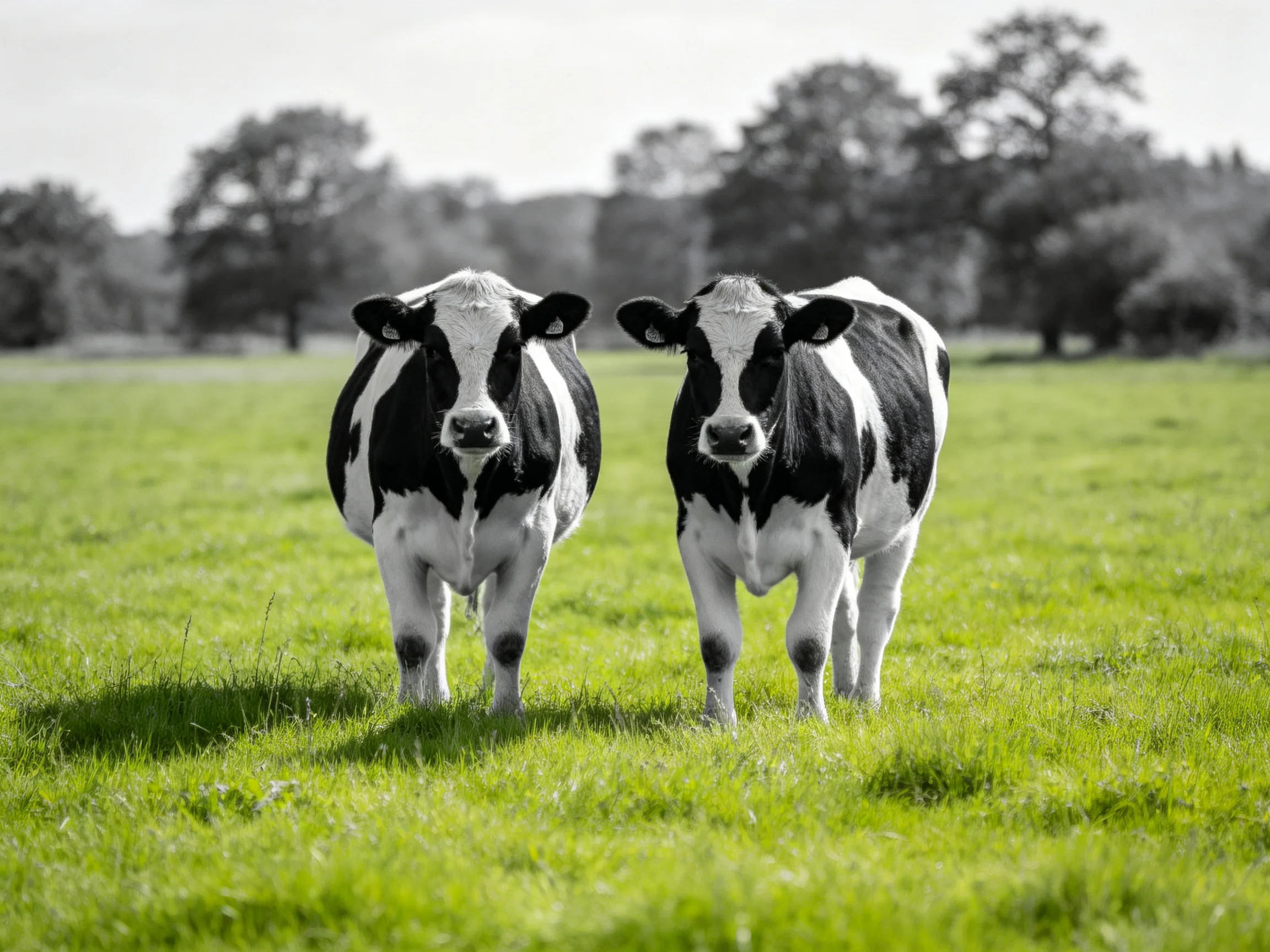 Two black and white cows in a lush green meadow with distant trees