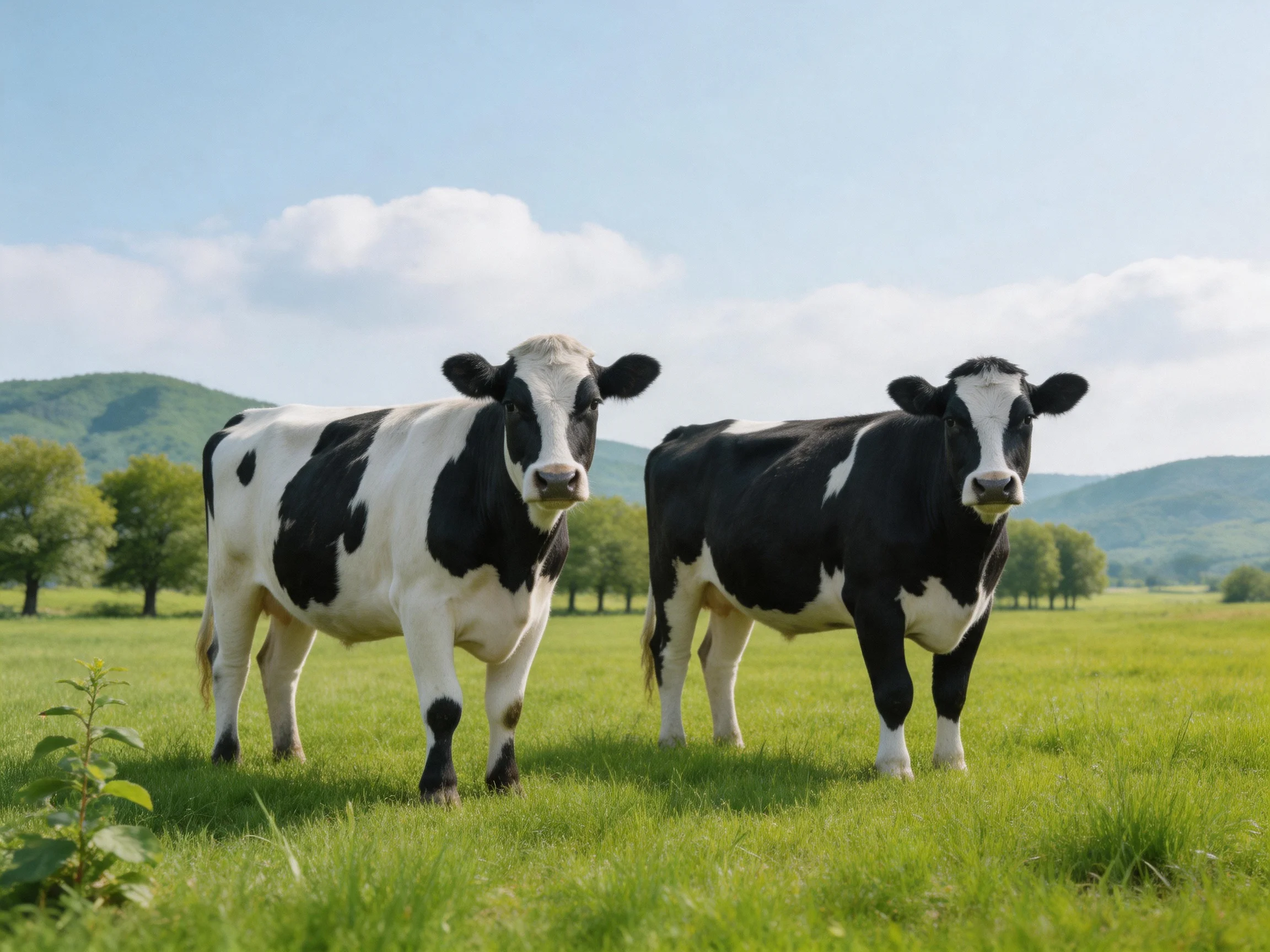 Two black and white cows in a lush green pasture with rolling hills