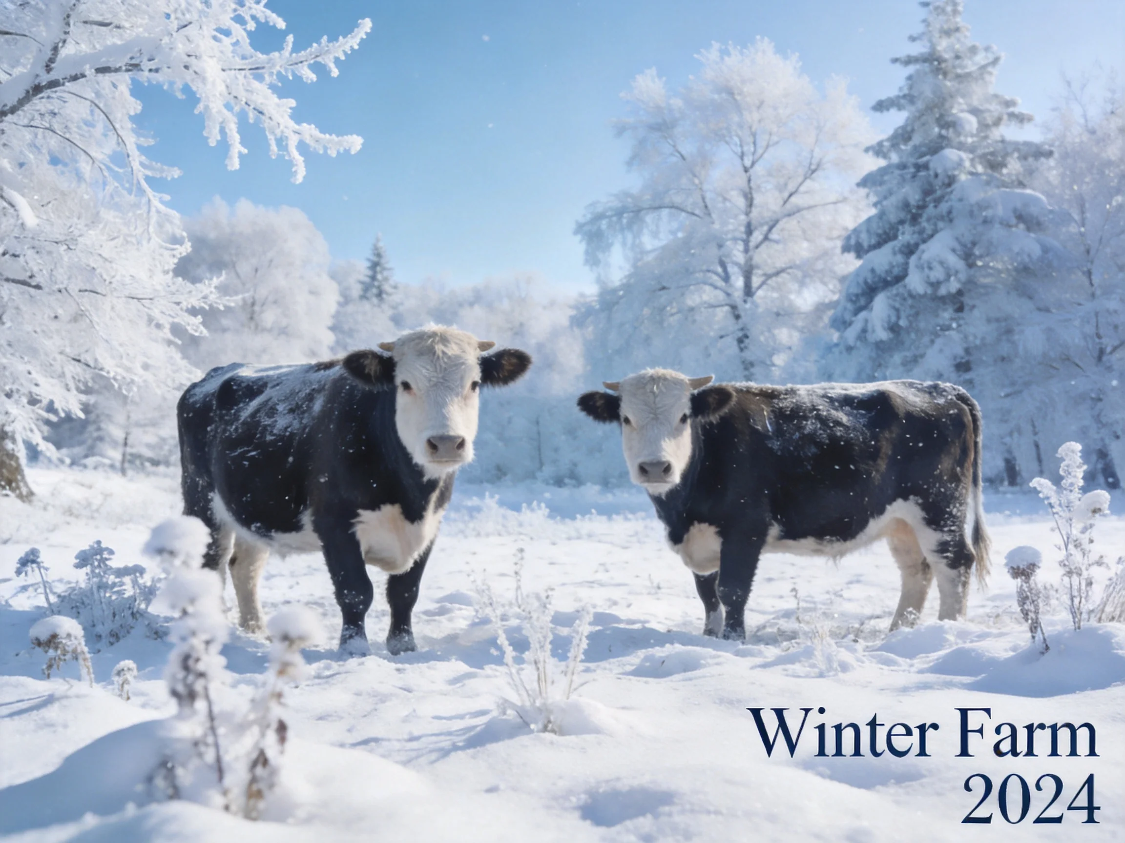 Two black-and-white cows in a snow-covered winter farm scene