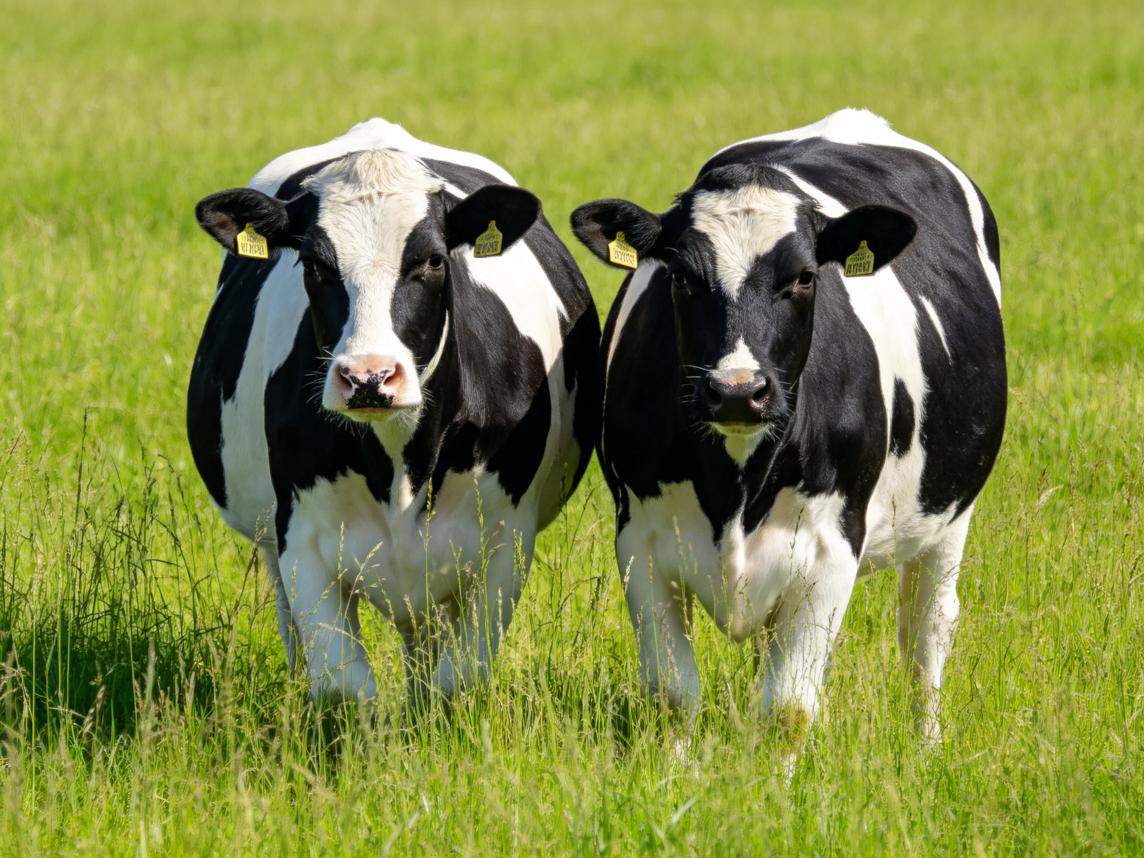 Two black and white cows in a verdant green pasture