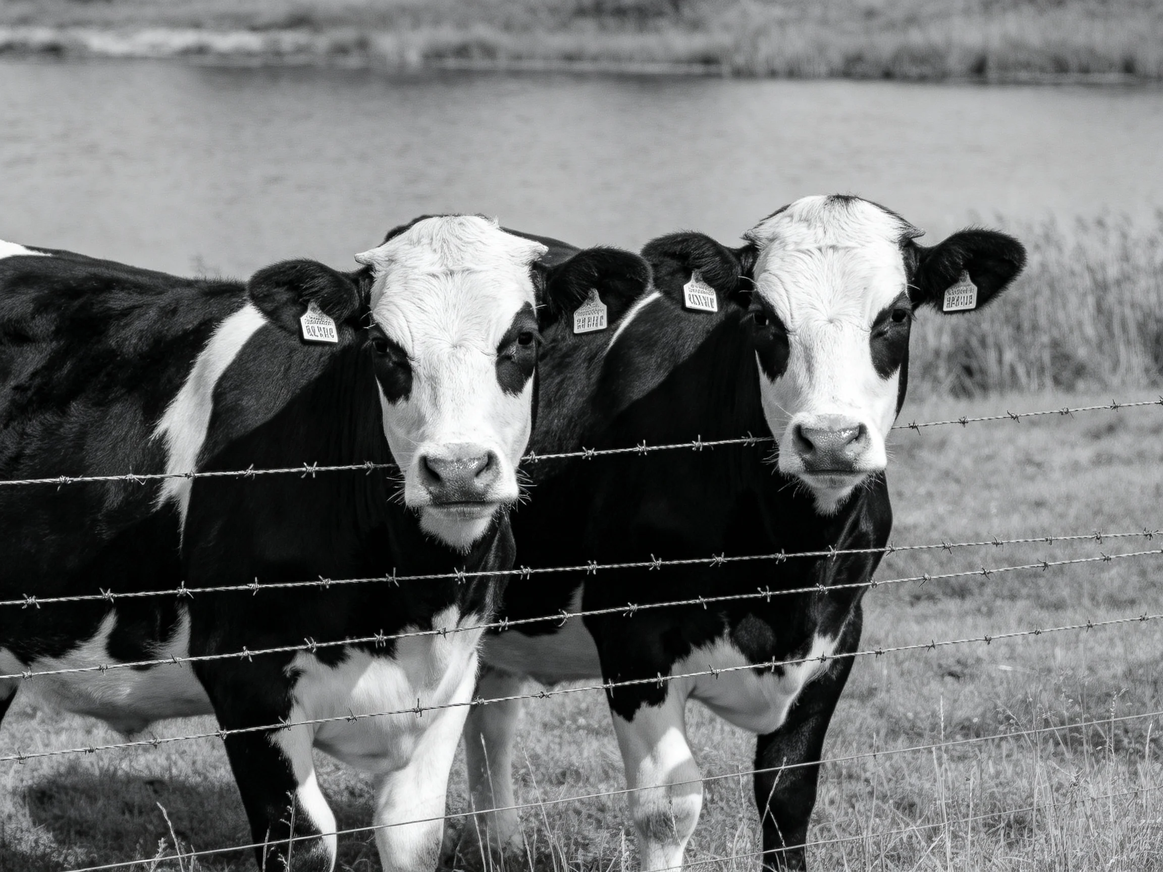 Two black and white cows stand side by side behind a barbed wire fence
