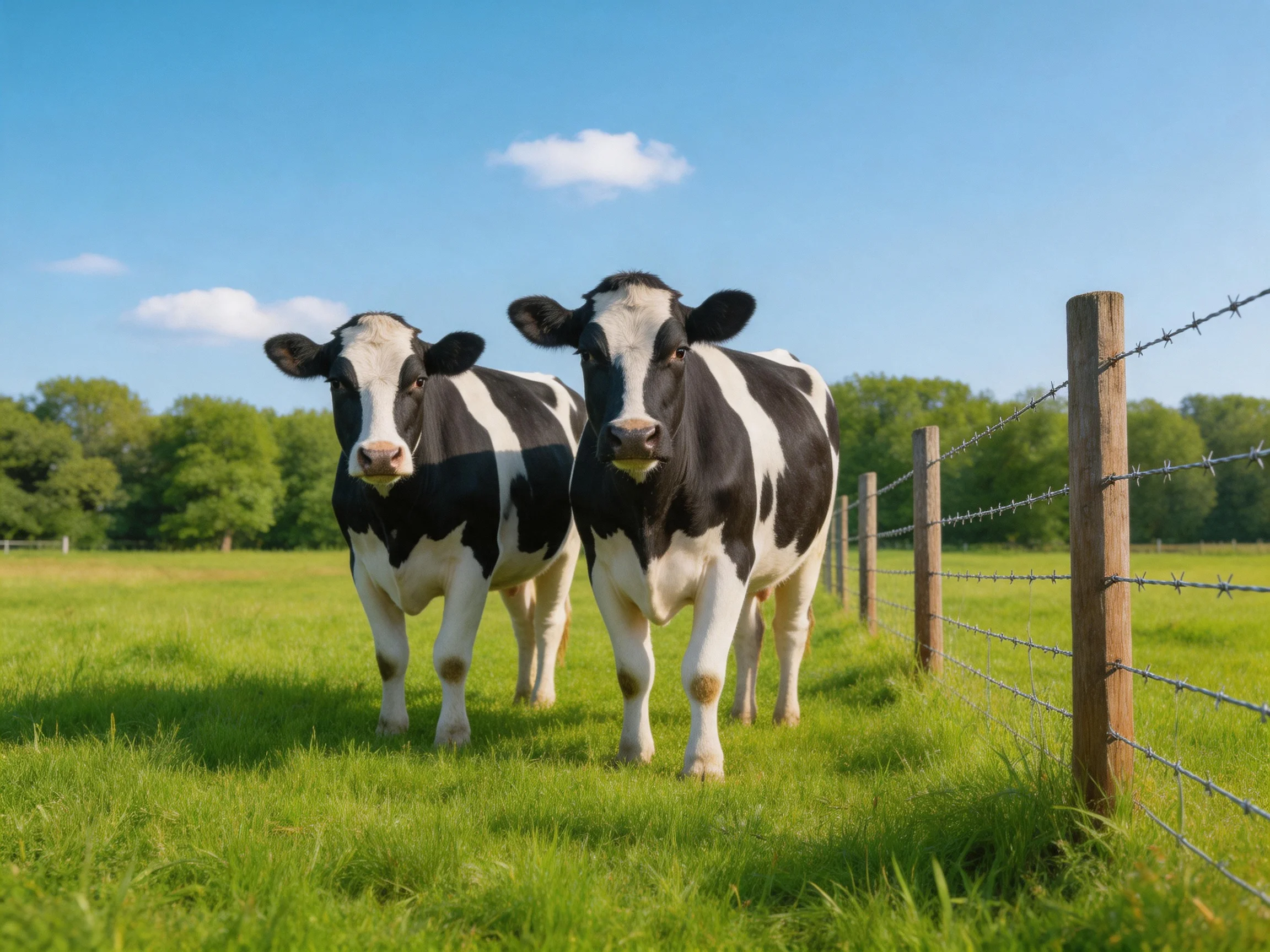 Two black - and - white cows stand by a barbed wire fence in a sunny pasture.