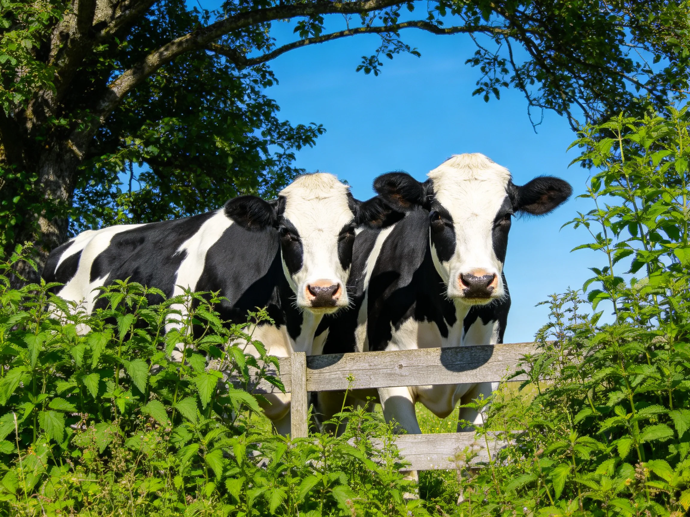 Black and white cows stand near a wooden fence surrounded by greenery.
