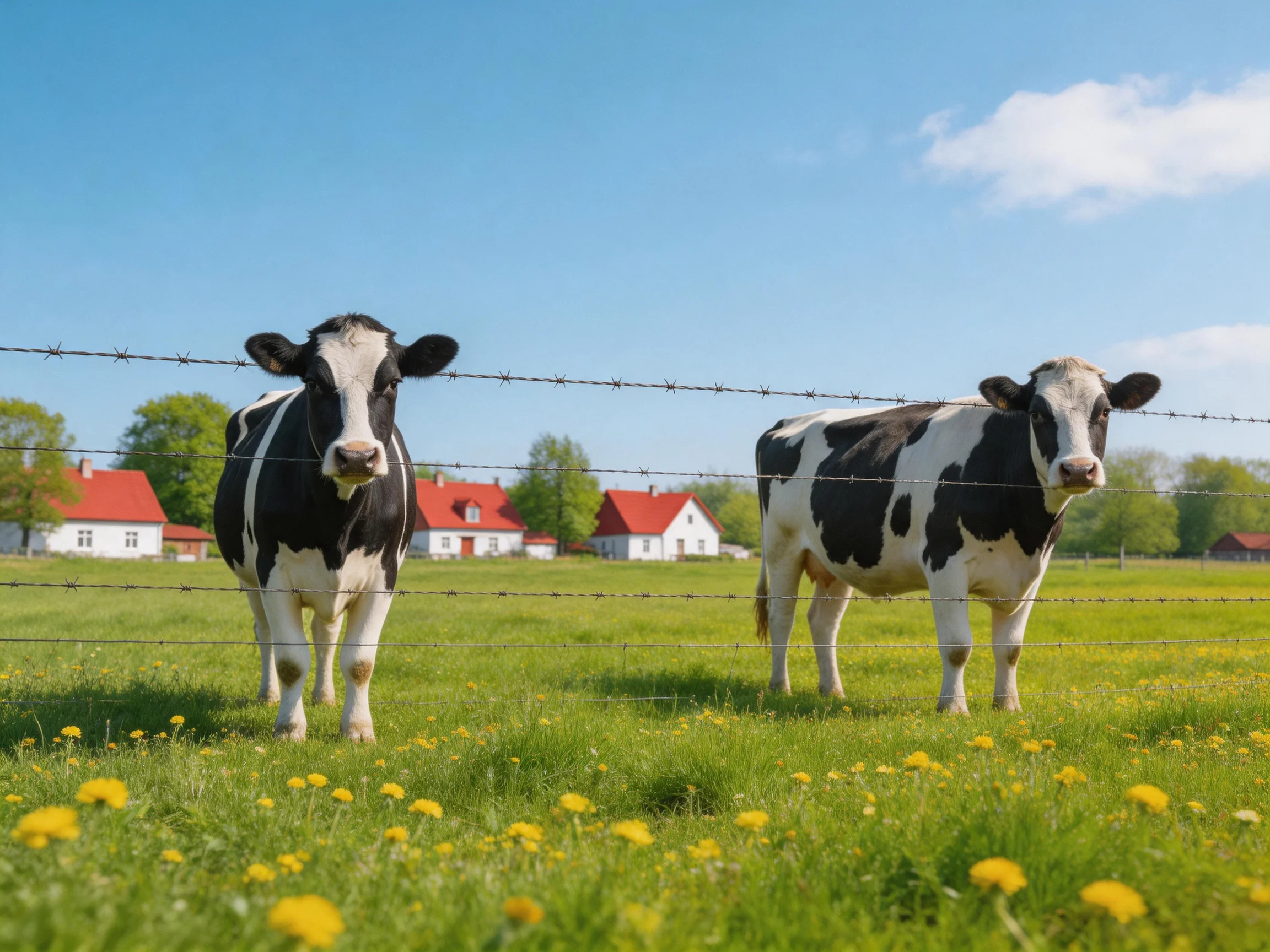 Two black-and-white cows near barbed wire in a sunny meadow
