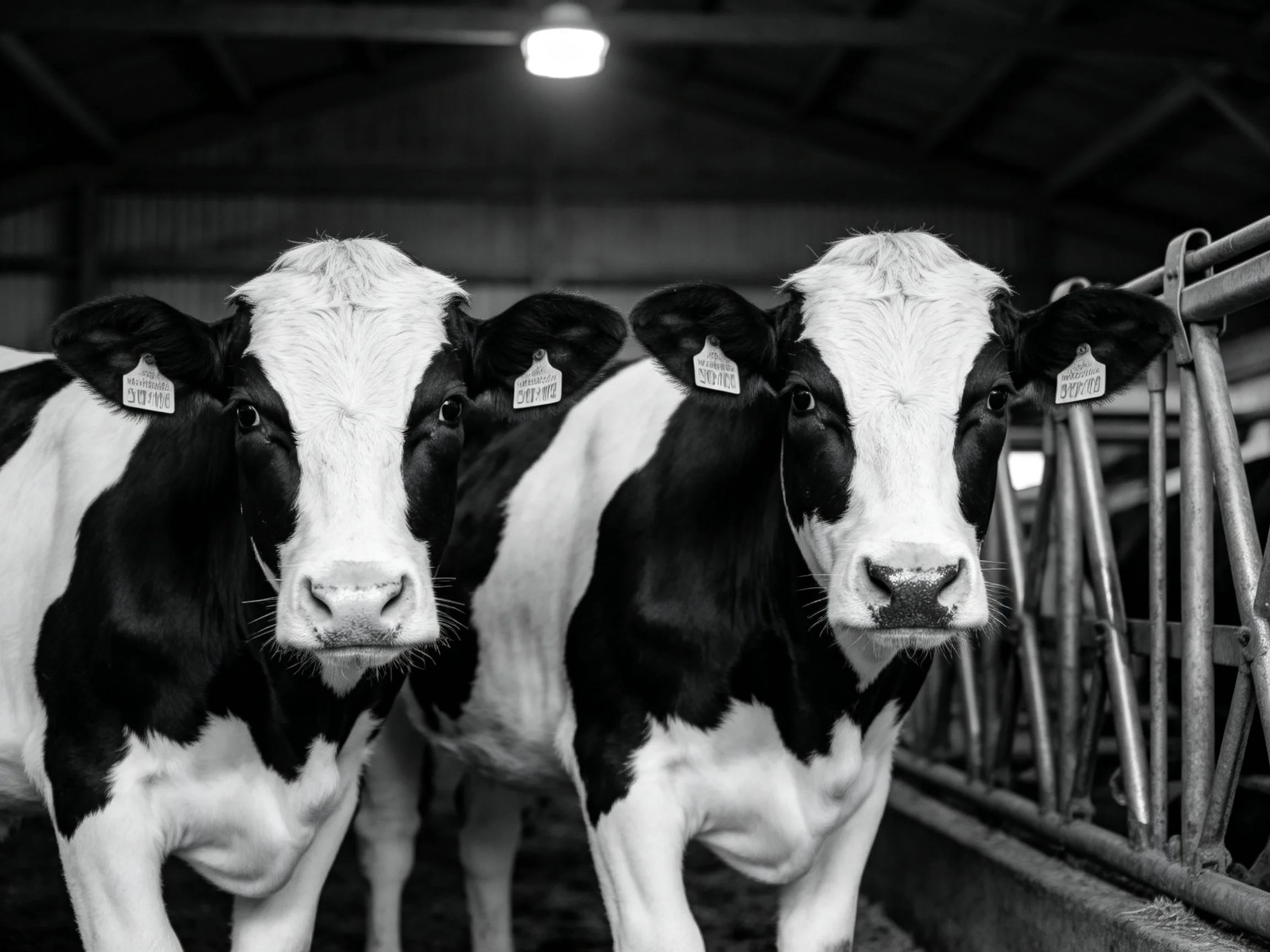 Two black and white cows near metal fencing in a barn