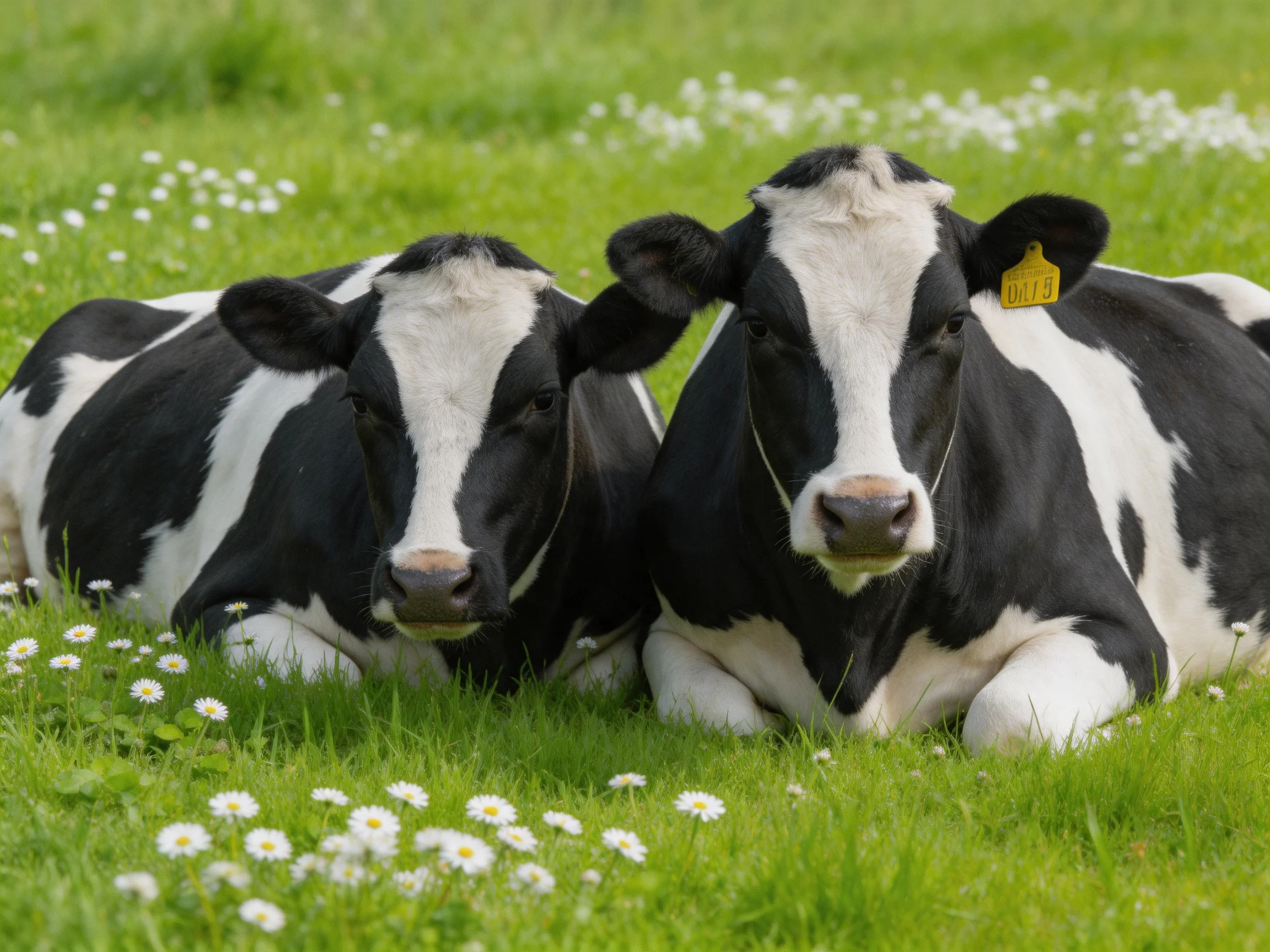 Two black and white cows relax among green grass and white flowers.