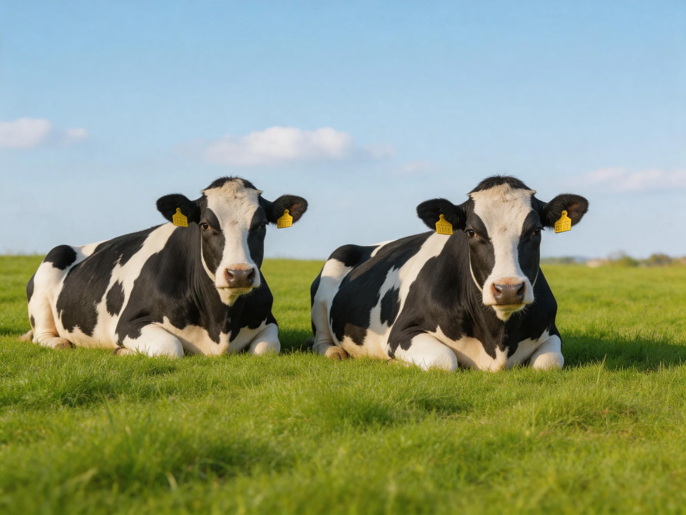Two black and white cows rest peacefully on a grassy field.