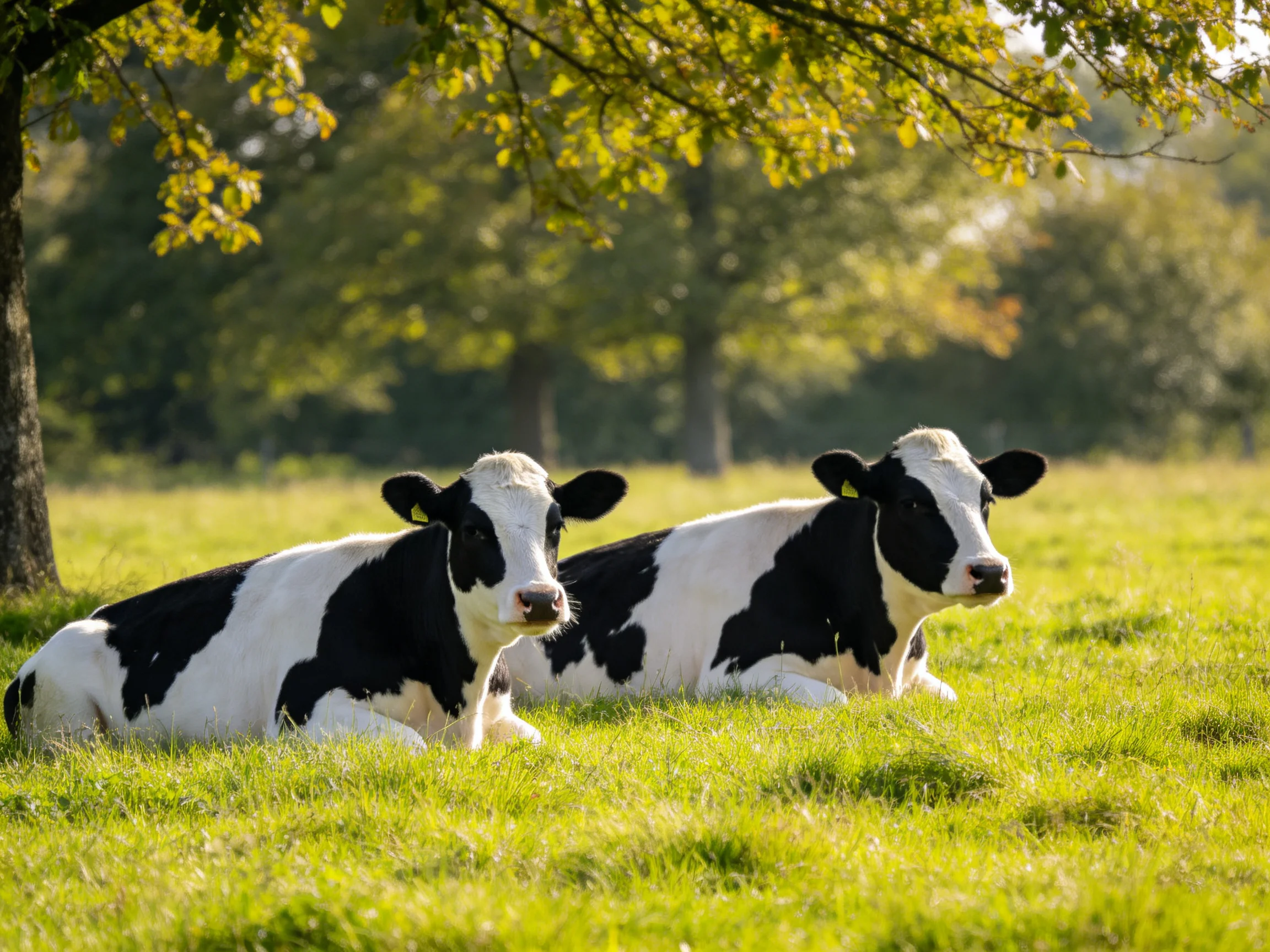 Two black - and - white cows relax on grass in a sunlit pastoral setting.