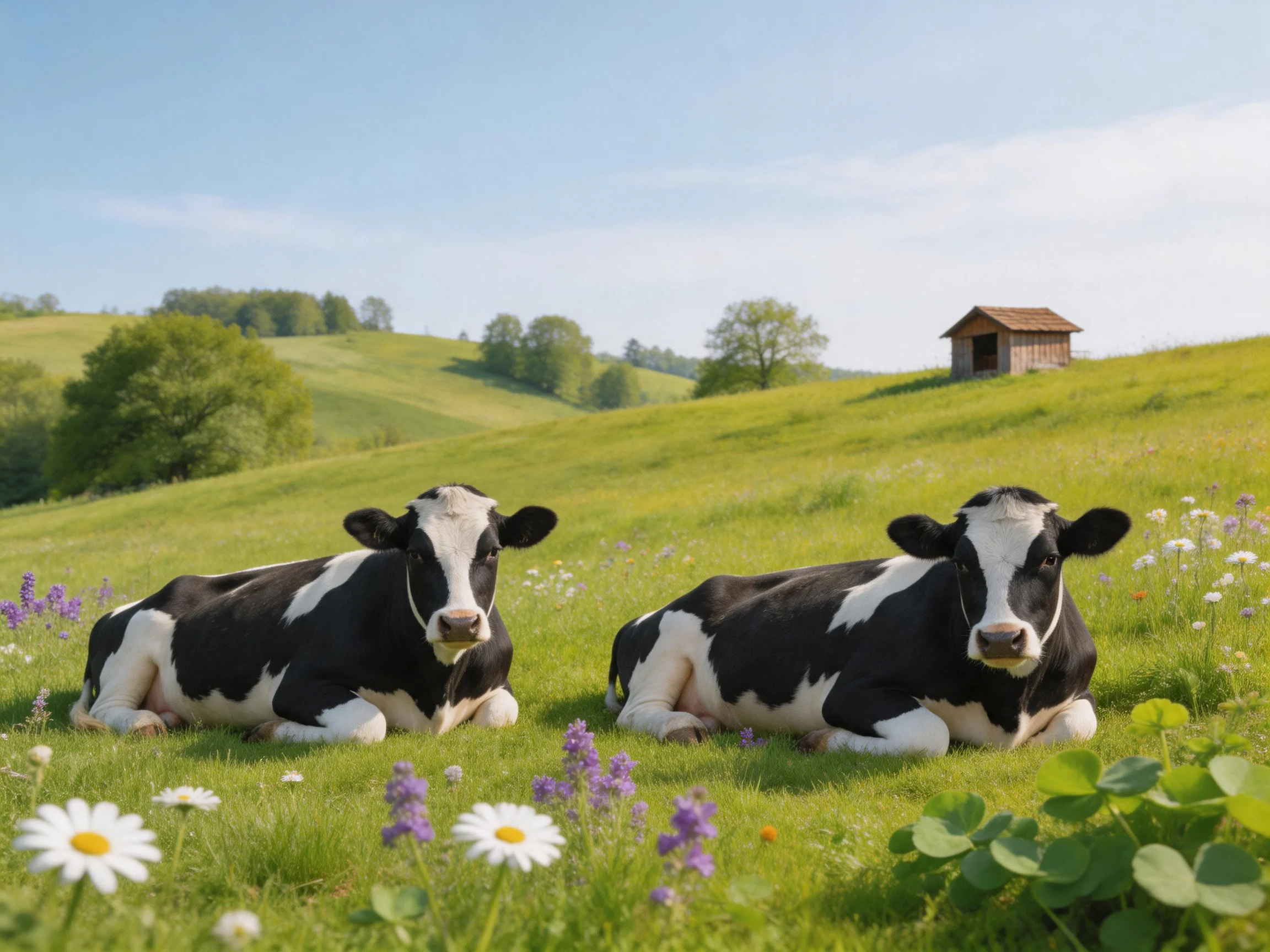 Two black-and-white cows relax in a sunny meadow with wildflowers