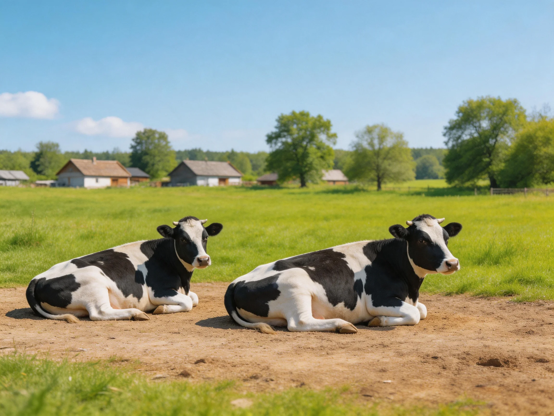 Two black and white cows rest in a sunny pasture near farmhouses.