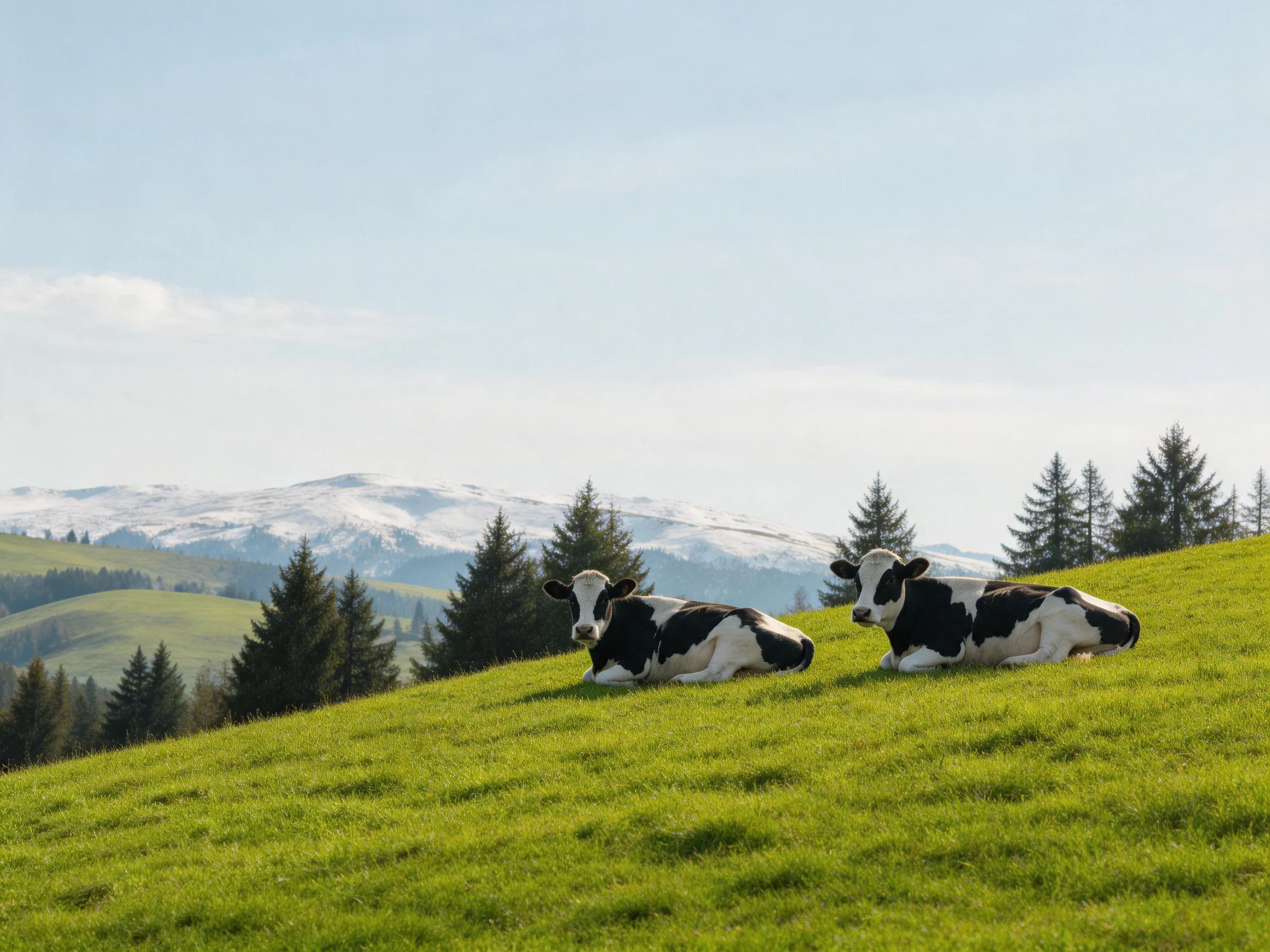 Two black-and-white cows rest on a lush green hillside near snow-capped mountains