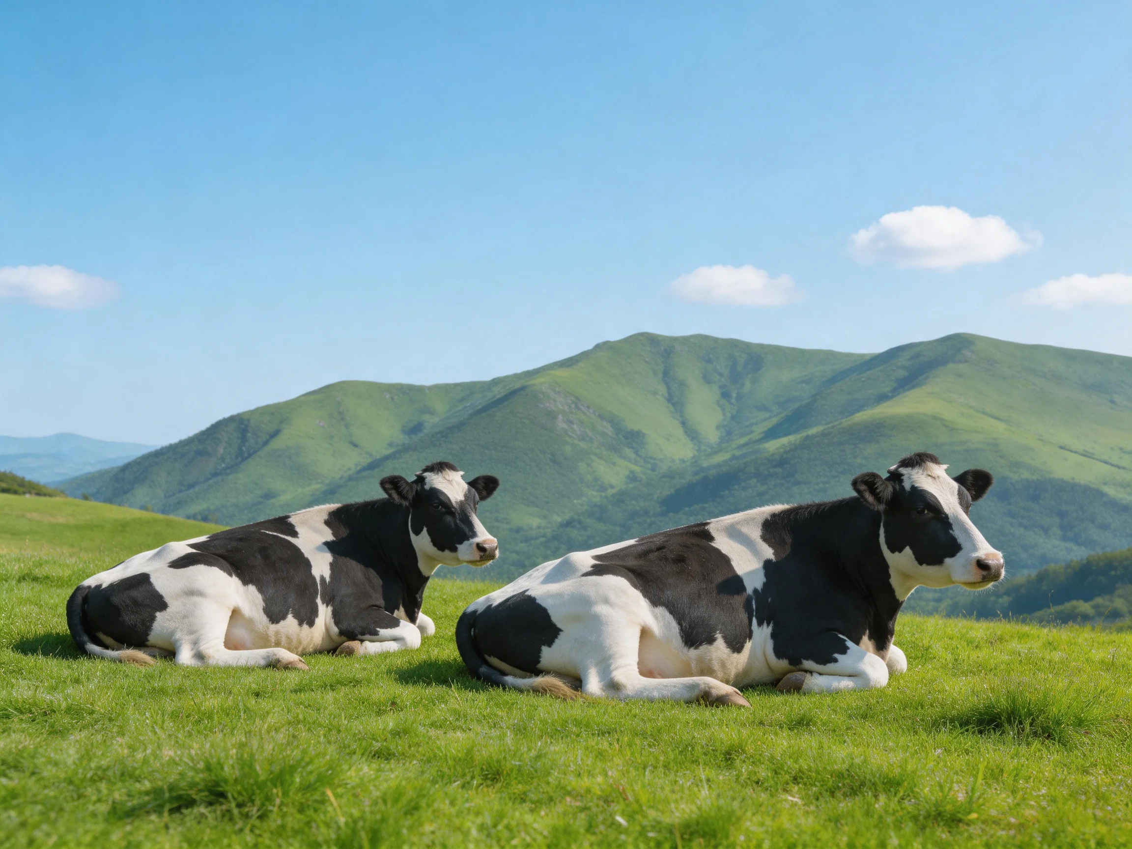 Two black - and - white cows rest on a grassy hill near green mountains