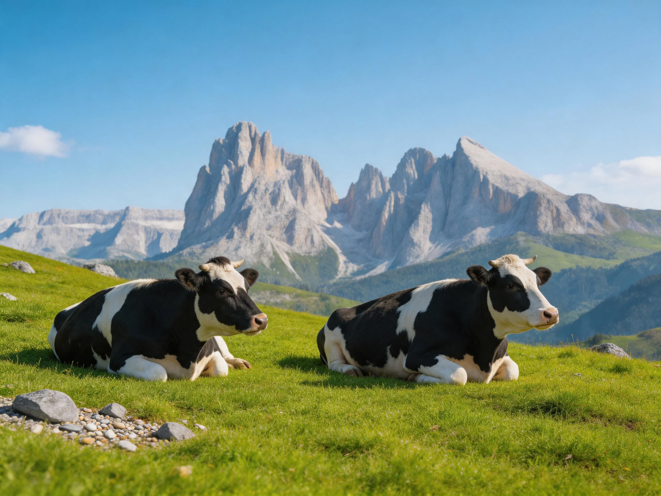 Two black-and-white cows relax on a grassy hillside with towering rocky mountains behind.