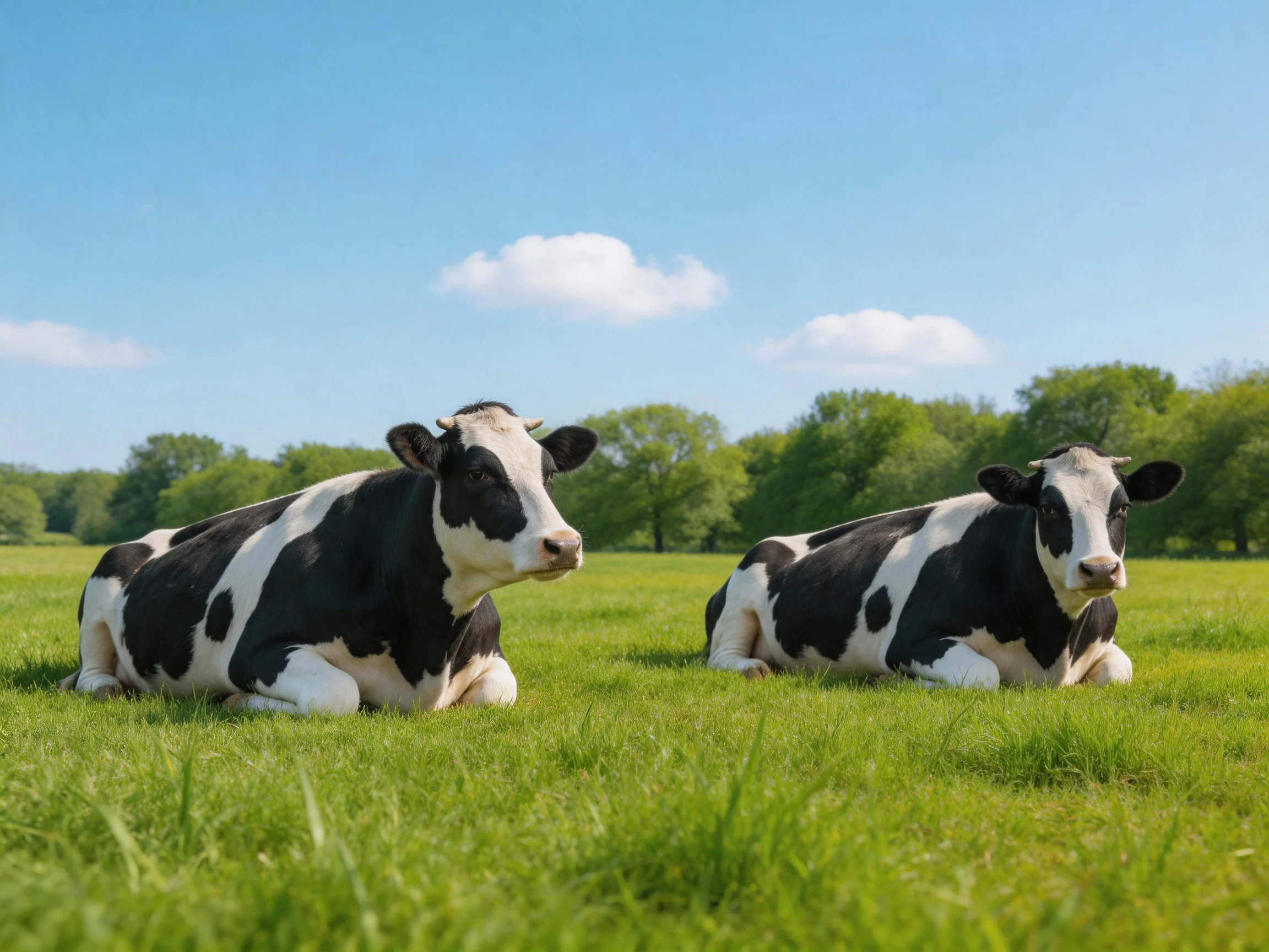 Two black and white cows resting in a lush green pasture under bright blue sky