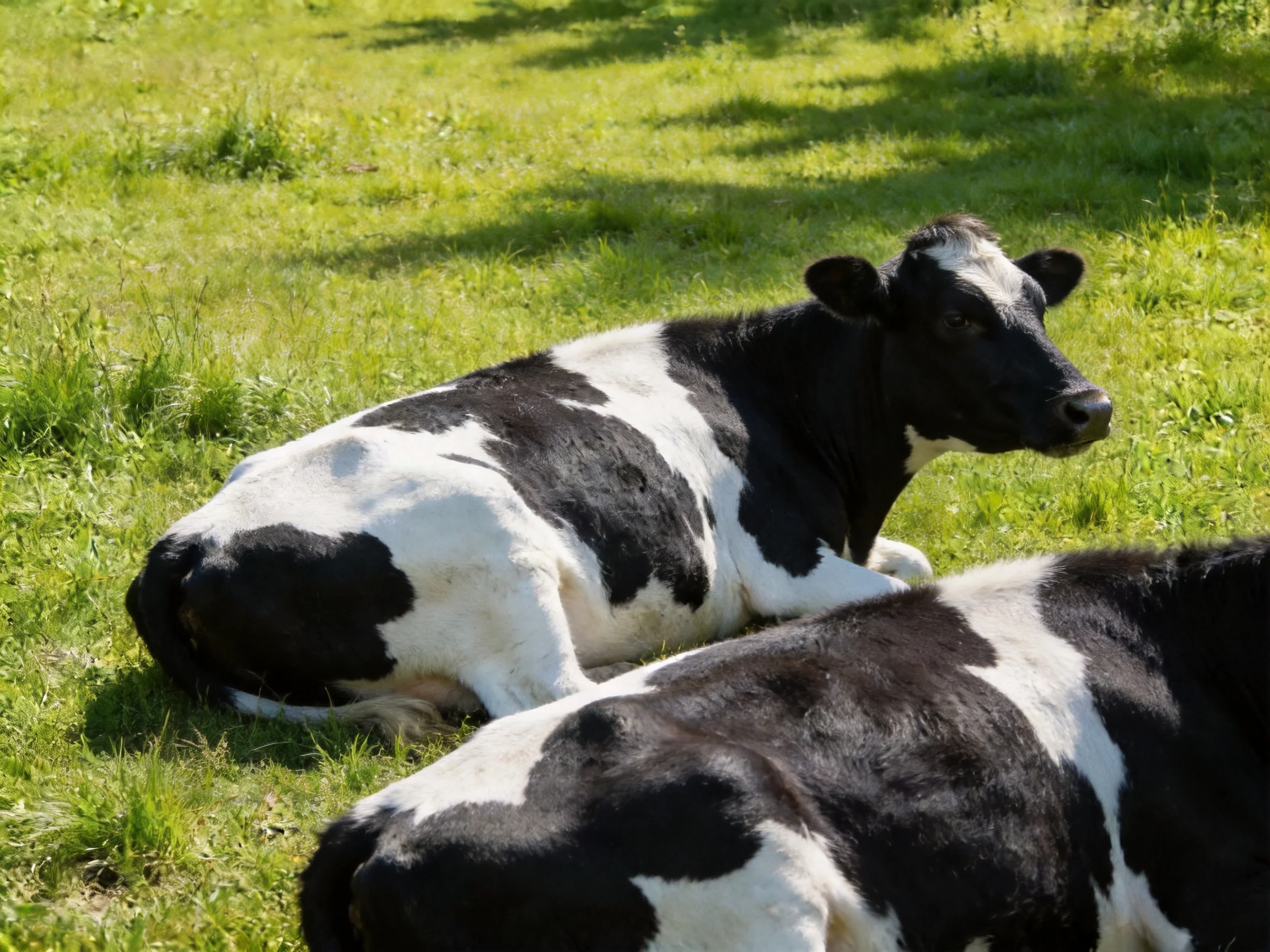 Two black and white cows resting in a sunlit green meadow