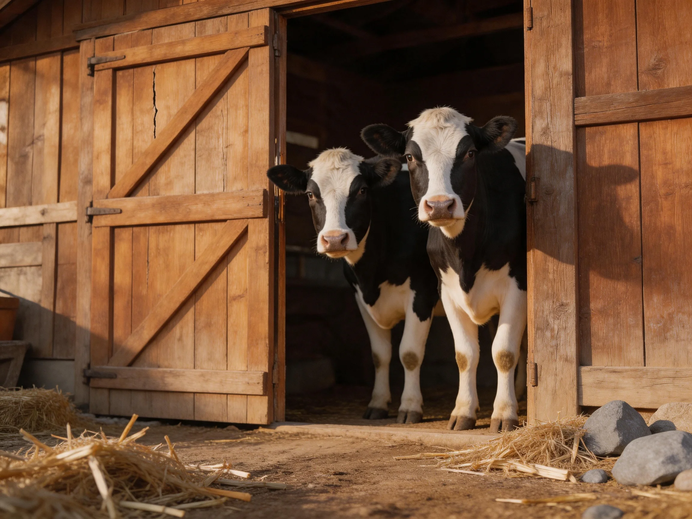 Two black-and-white cows emerge from a wooden barn doorway.
