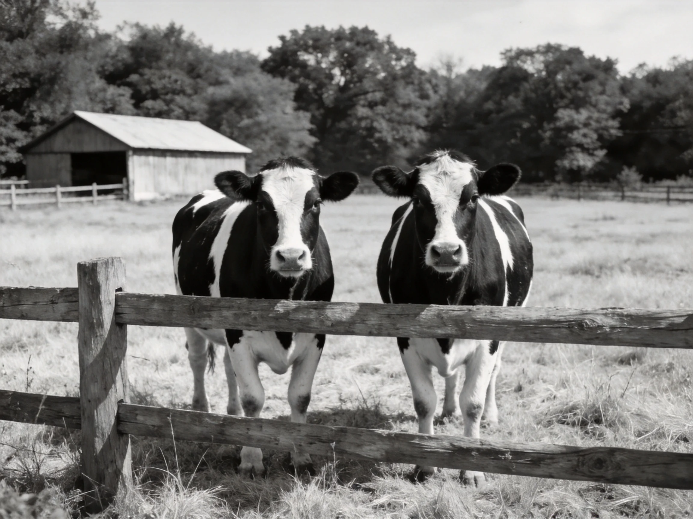 Two black and white cows stand behind a wooden fence near a barn