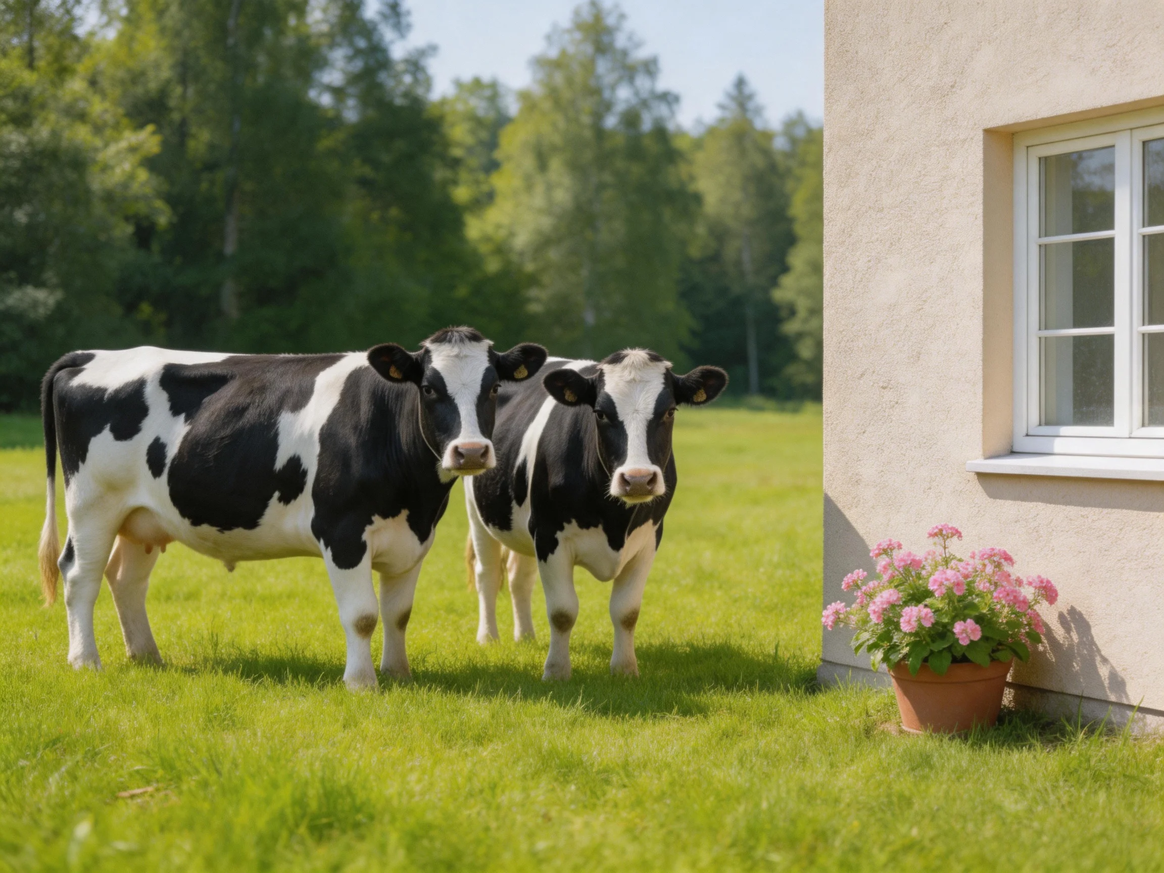 Two black-and-white cows stand beside a house with pink flowers