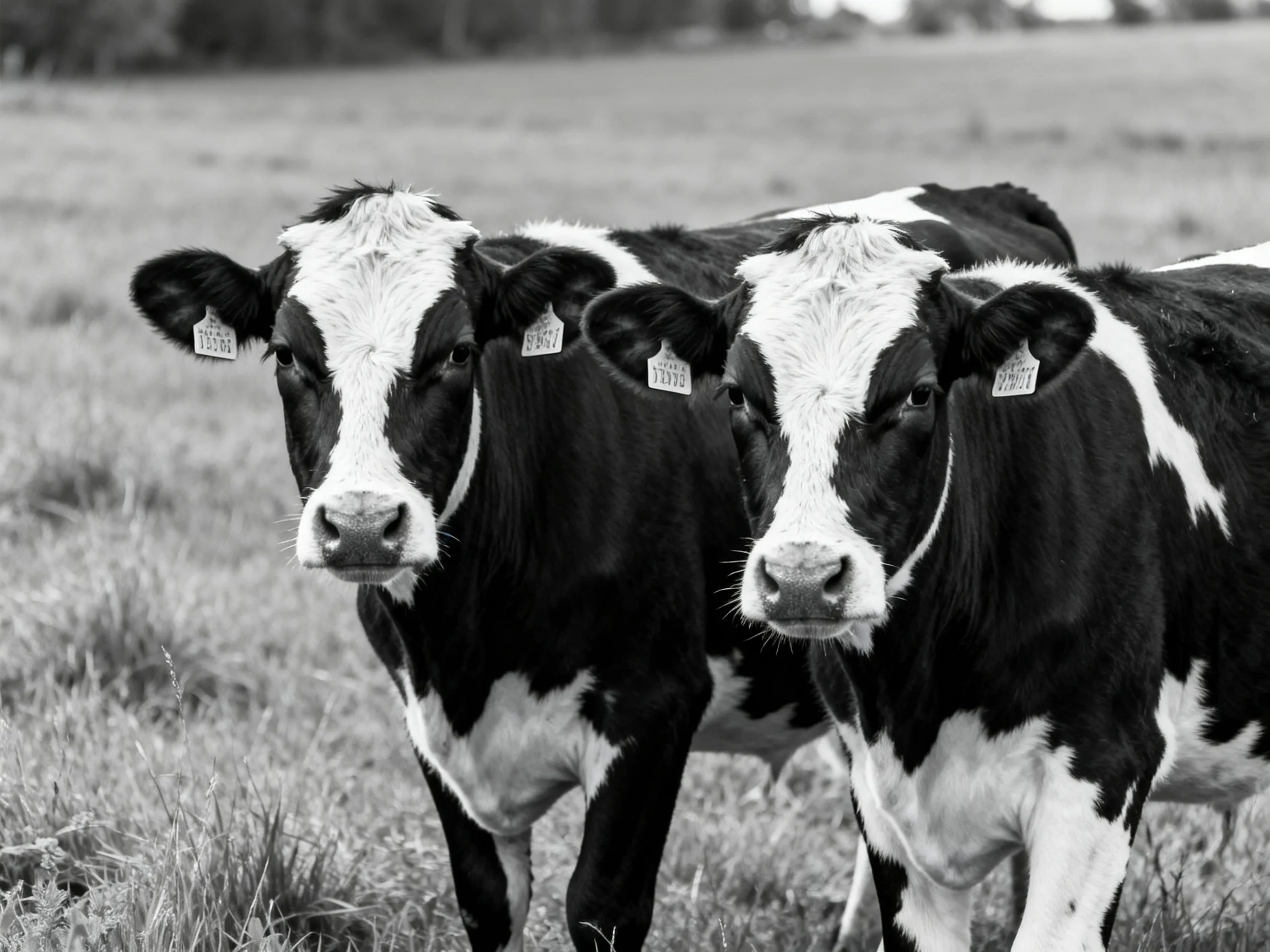 Two black and white cows stand close together in a grassy field
