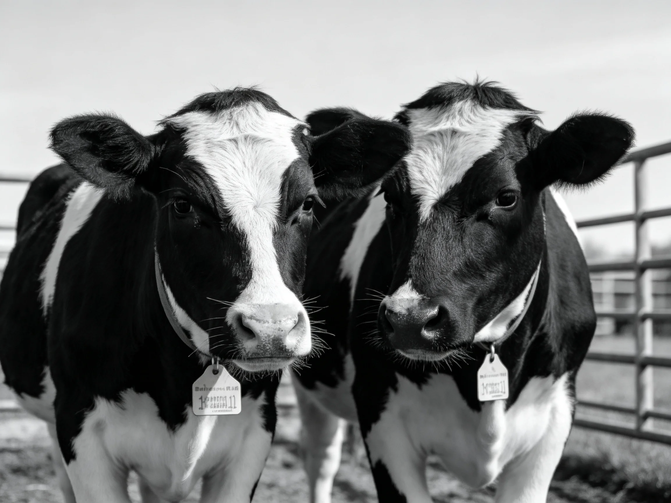 Two black and white cows stand close together near a metal enclosure.