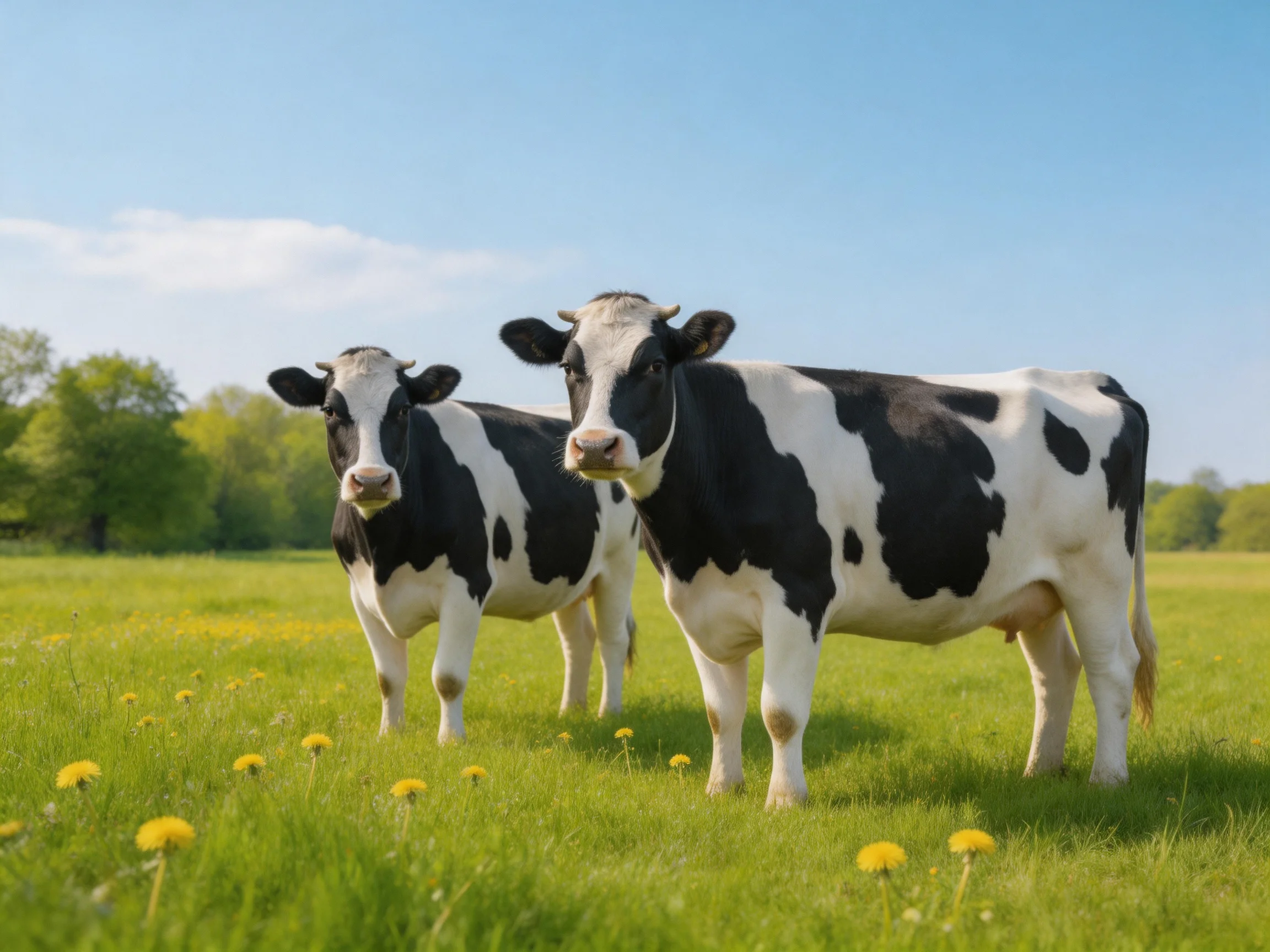 Two black and white cows stand in a sunny green meadow with yellow wildflowers