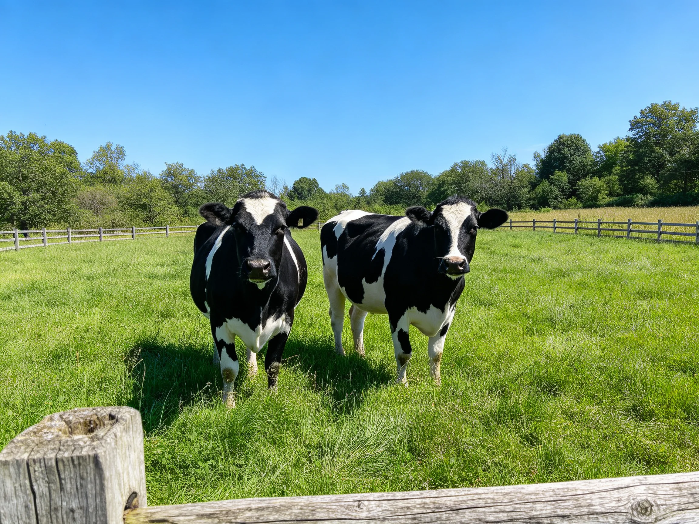 Two black-and-white cows stand in a lush green pasture near a wooden fence