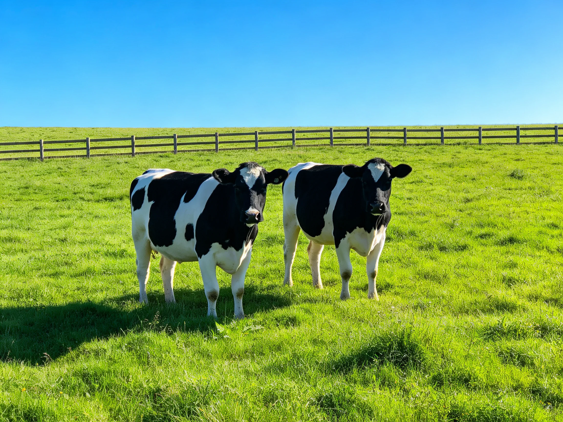 Two black - and - white cows stand in a sunny green pasture beside a wooden fence