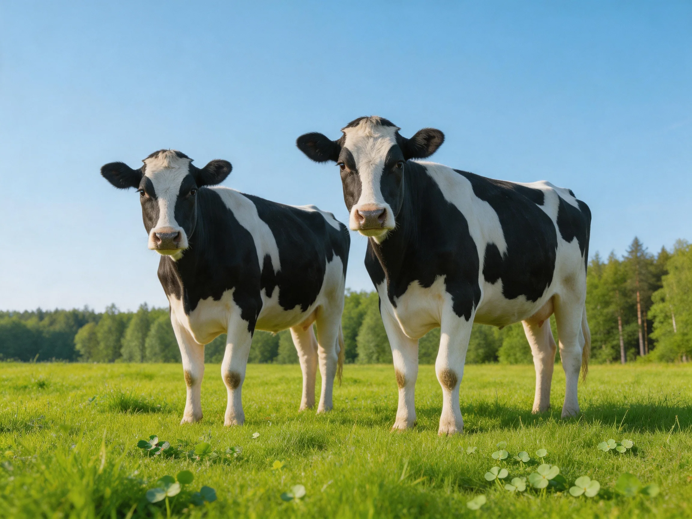 Two black and white cows stand in a lush green pasture under a clear blue sky