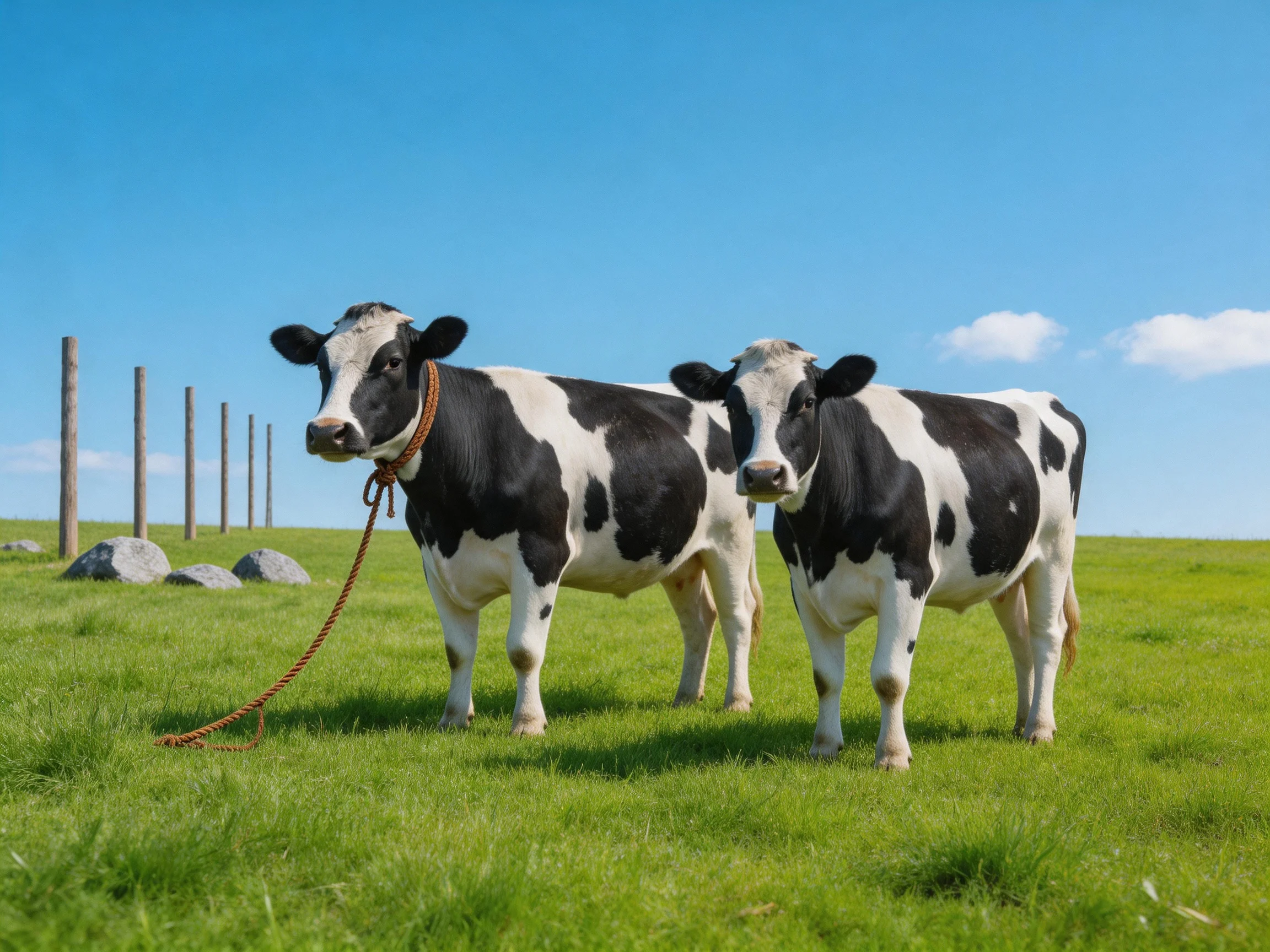 Two black-and-white cows stand in a lush green pasture under a clear blue sky
