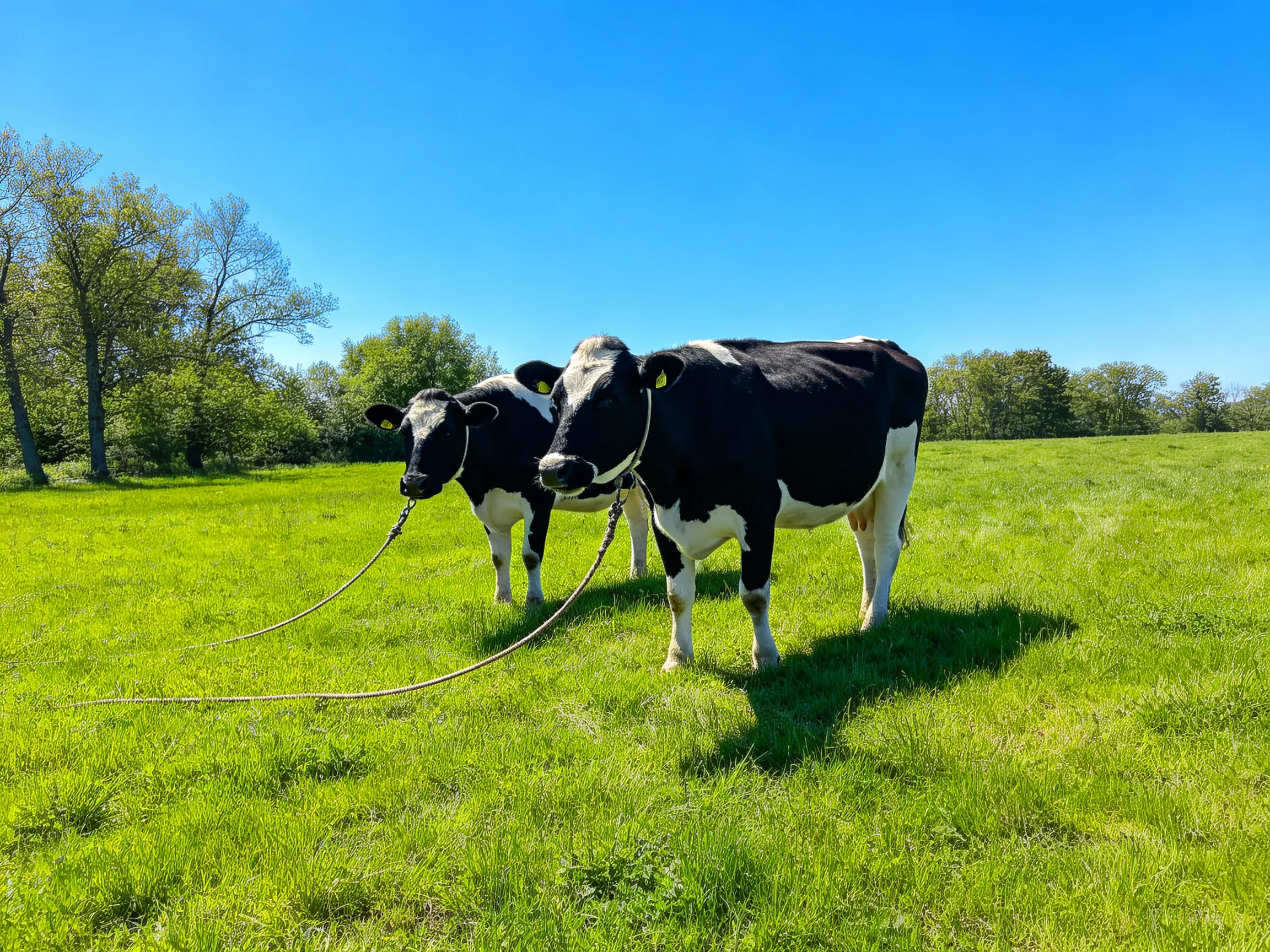 Two black-and-white cows stand in a sunny green pasture.